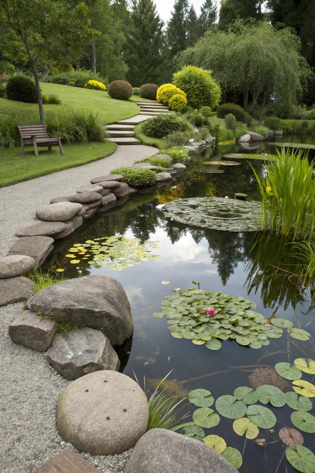 Stone-edged ponds create serene focal points in a landscape.