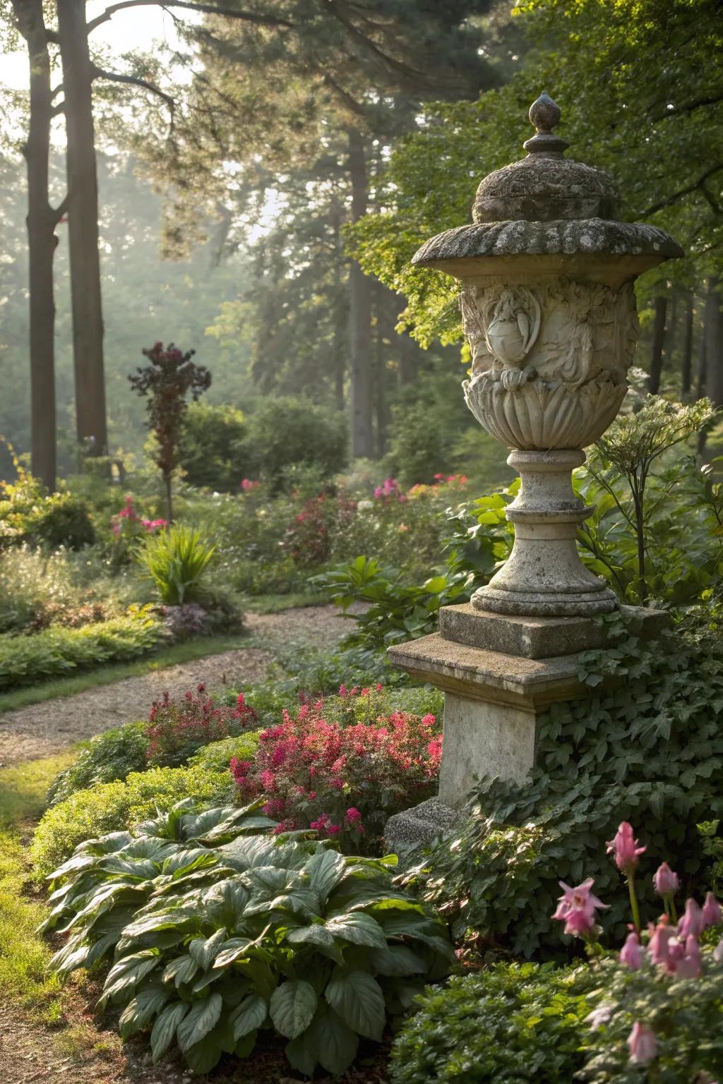 Stone sculptures bring an artistic flair to outdoor spaces.