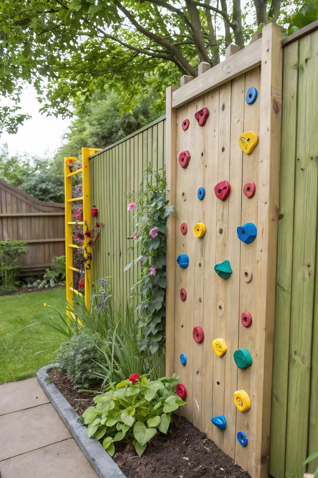 A mini climbing wall adds adventure and physical activity to small gardens.