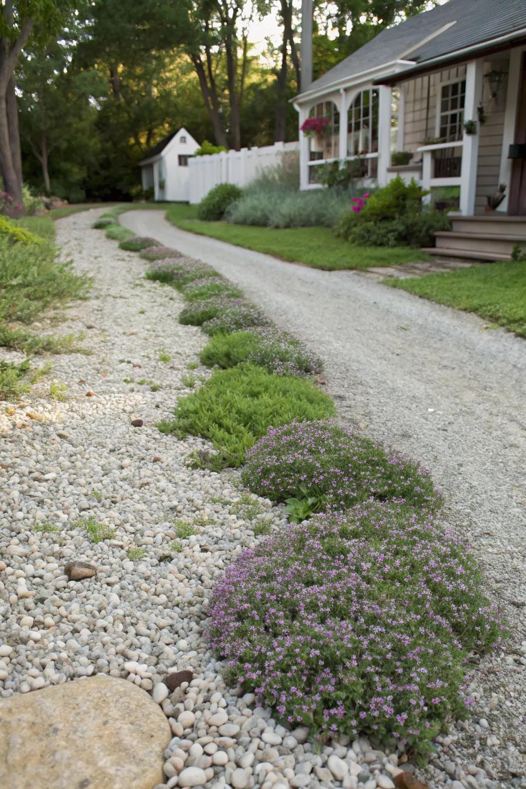 Fuse gravel with groundcover plants for charm.
