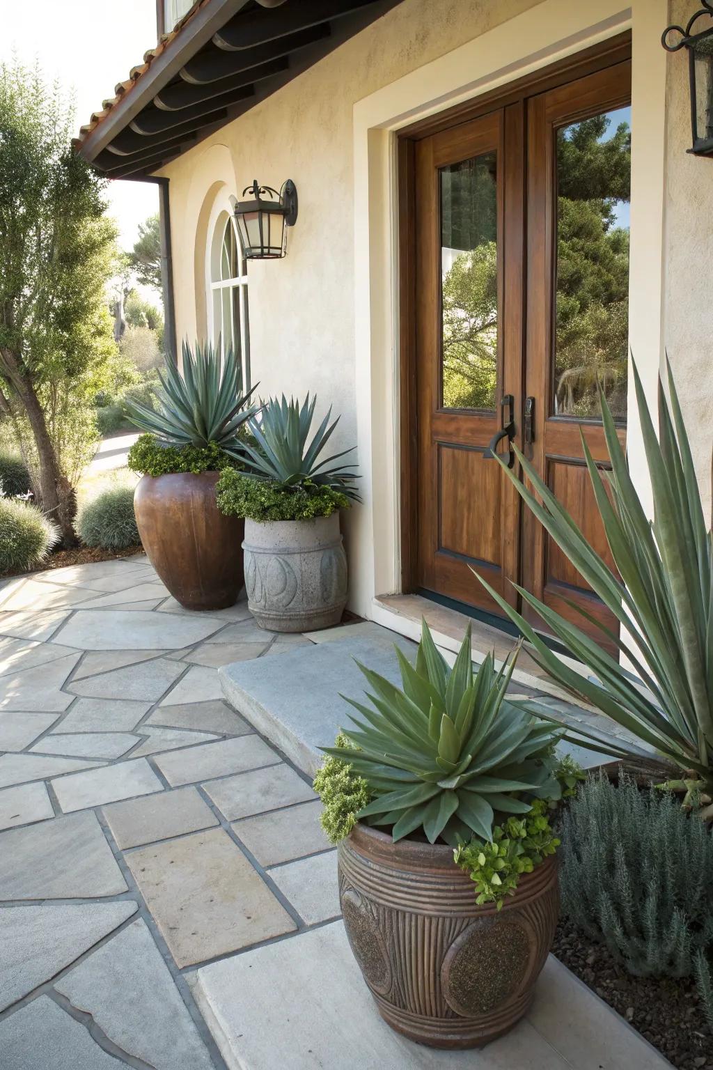 Highlight entrances with potted agave plants.
