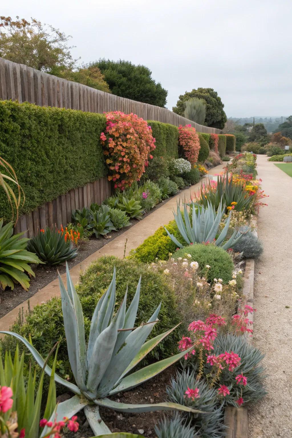 Enjoy year-round color with agave and blooms.