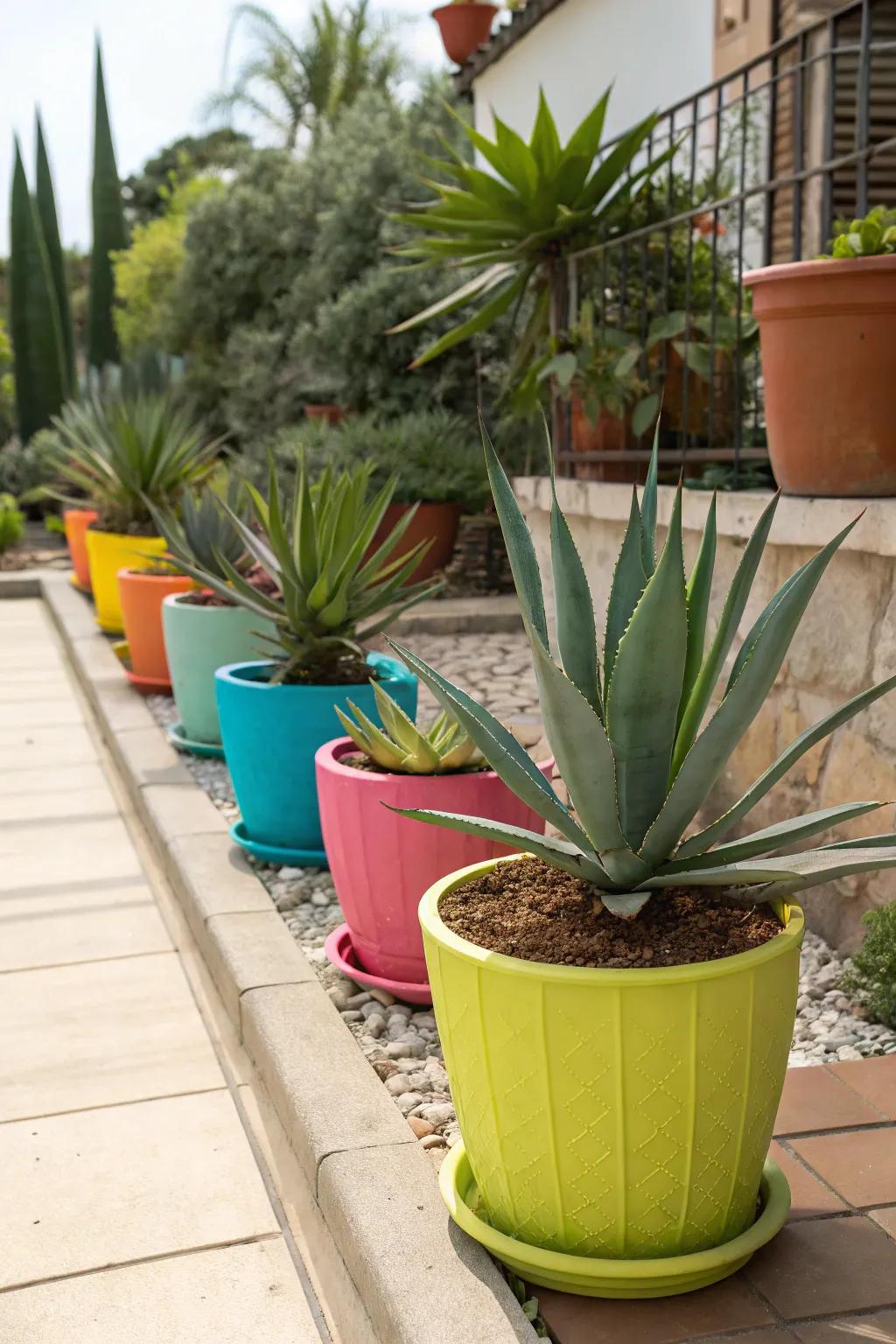 Brighten up with agave in colorful pots.