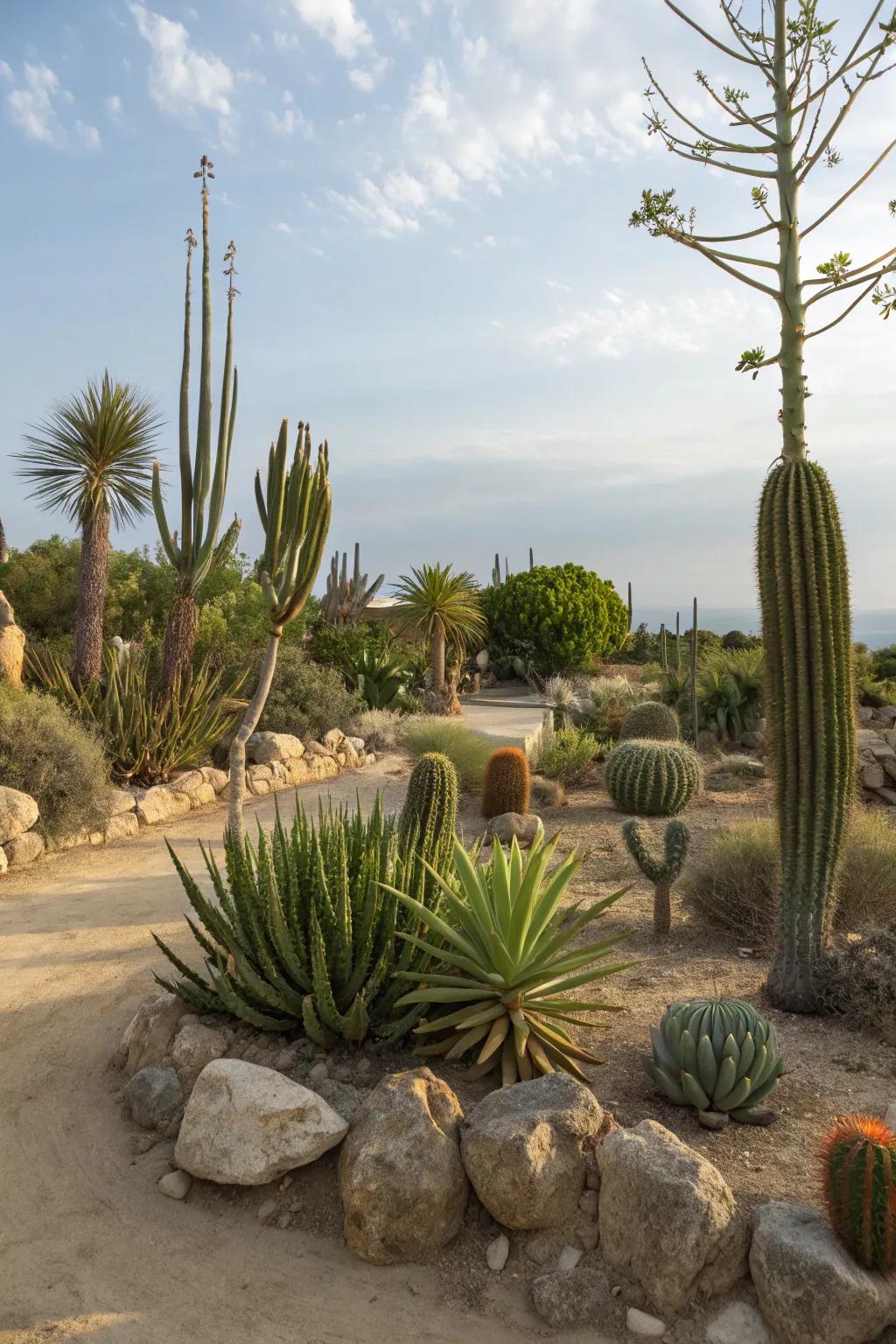 Create a desert vibe with agave and cacti.
