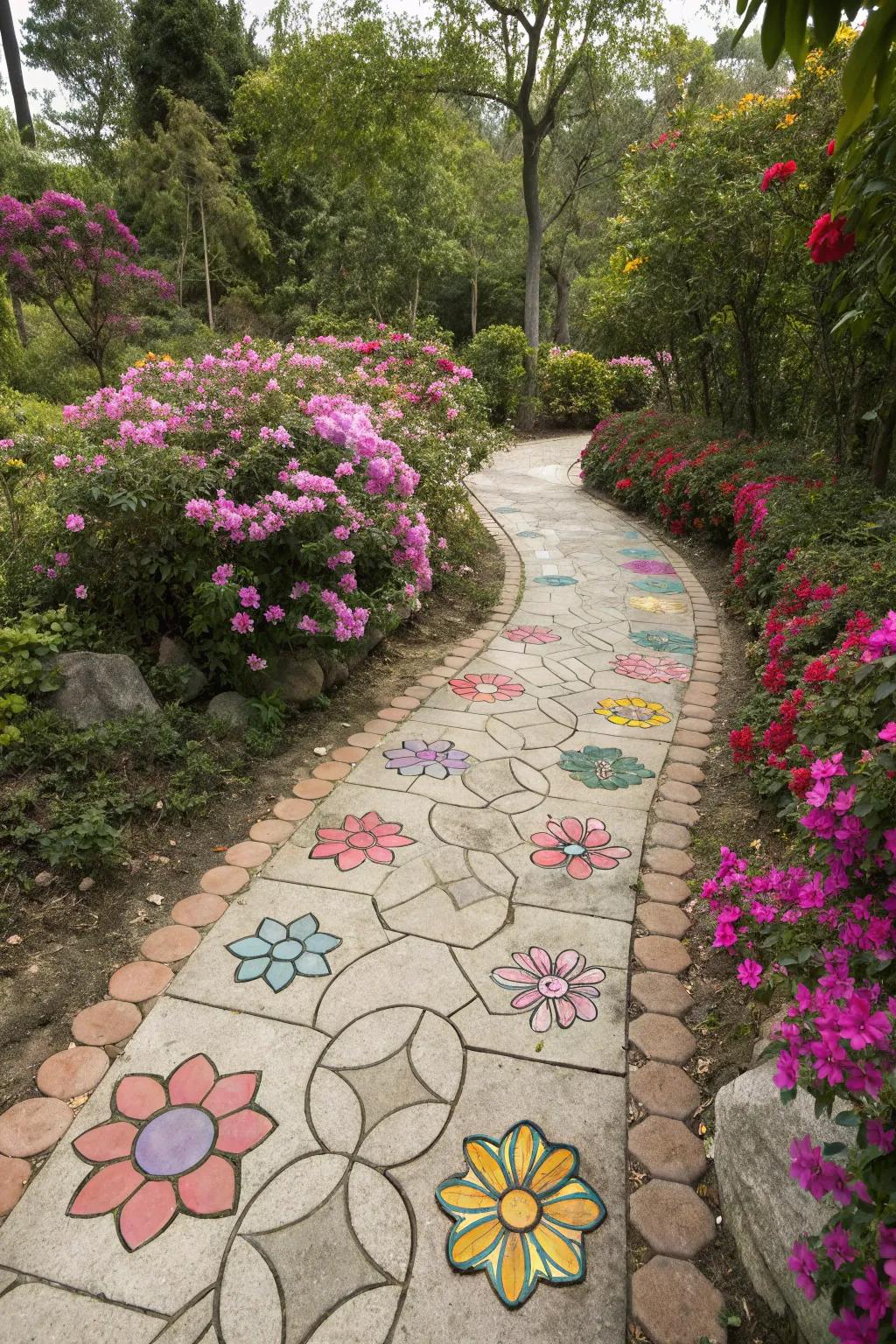 Floral motifs add a touch of whimsy and elegance to your garden paths.