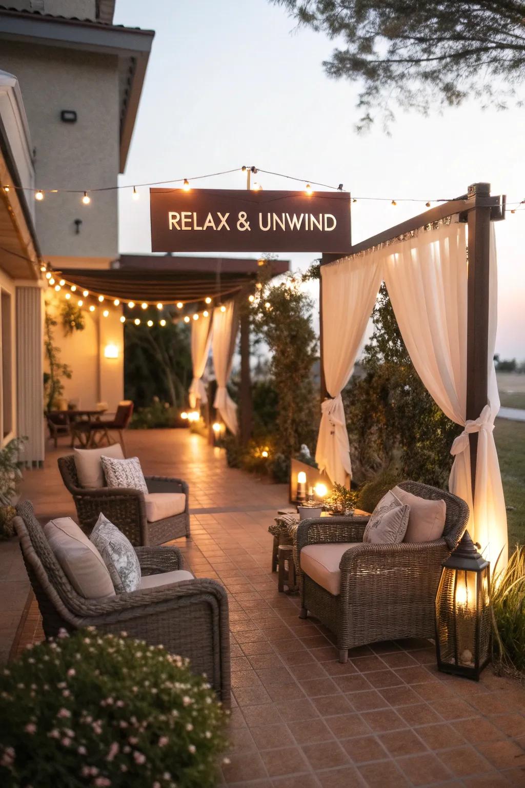 Encourage relaxation with a comforting 'Relax & Unwind' sign.