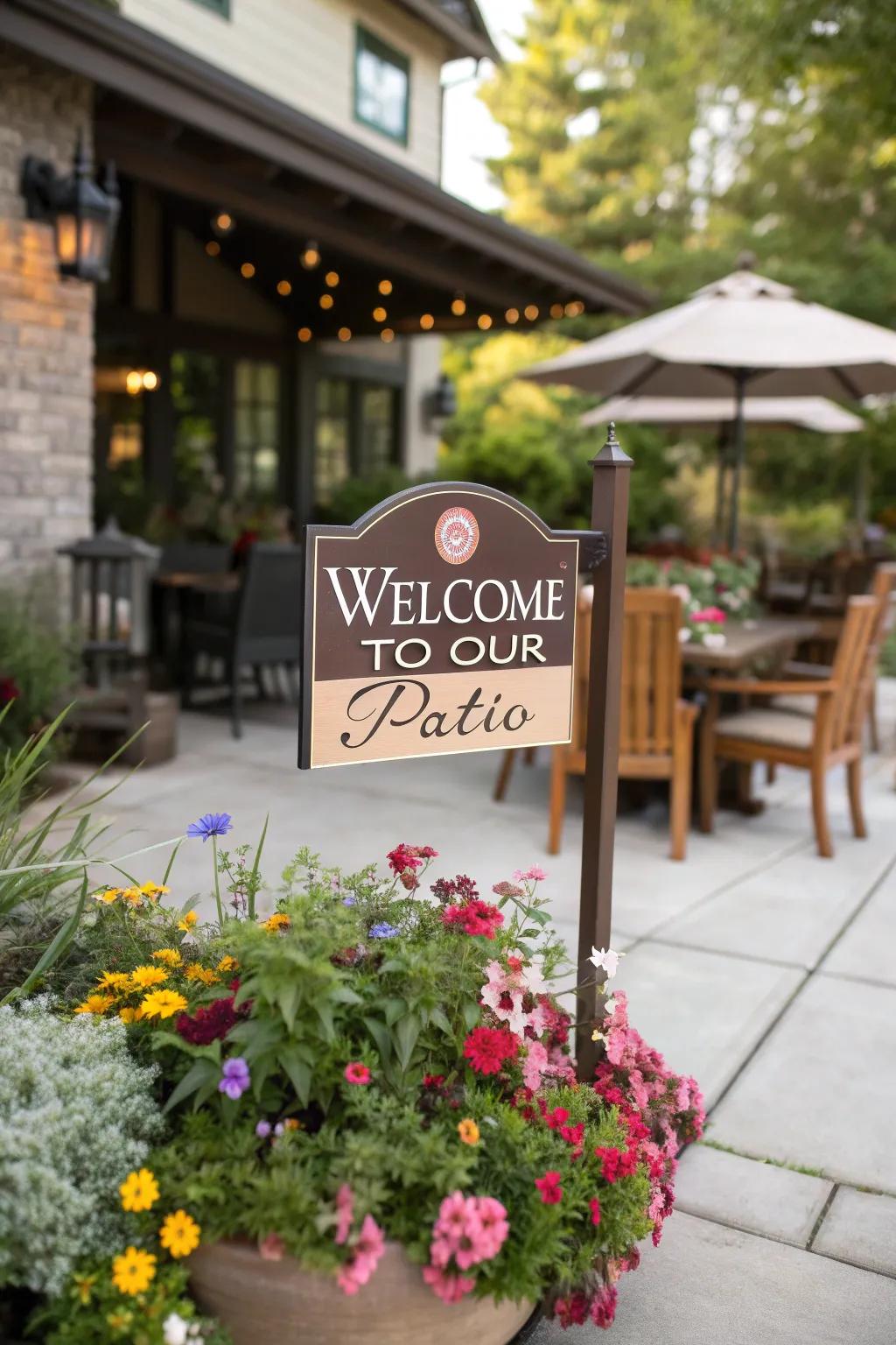 Create a welcoming atmosphere with a friendly patio sign.