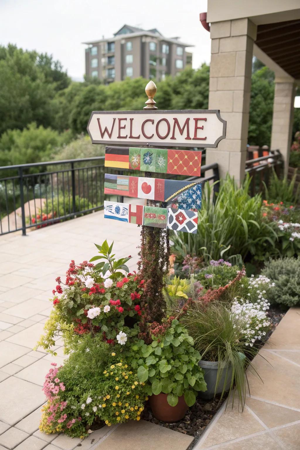 Celebrate diversity with a multi-language welcome sign.