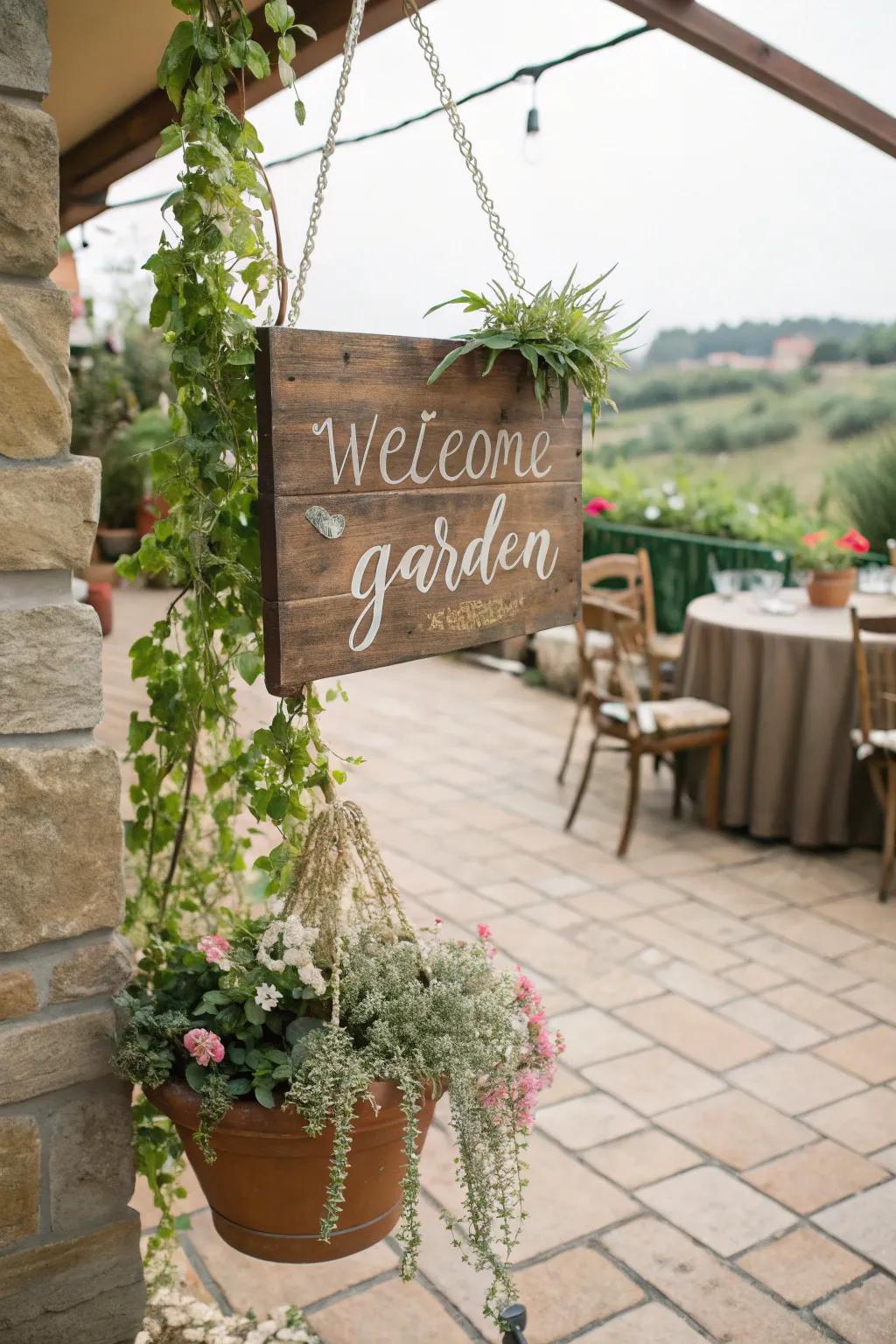 Blend nature with words using a hanging garden sign.