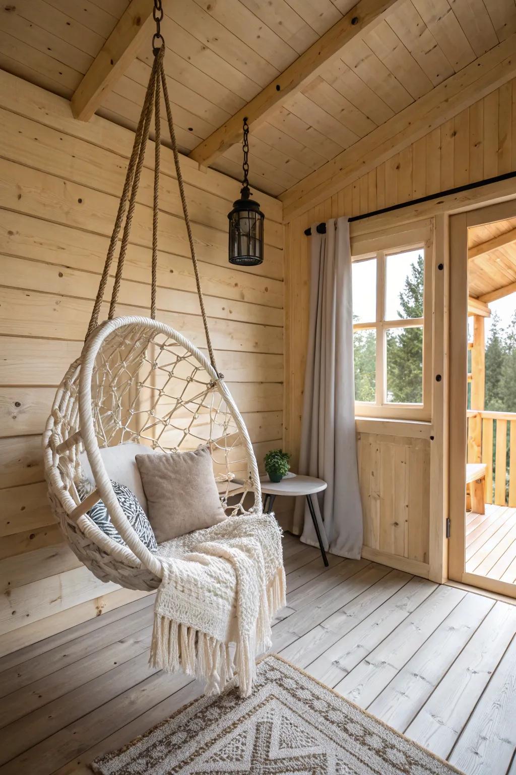 A hanging chair offers unique and relaxing seating.