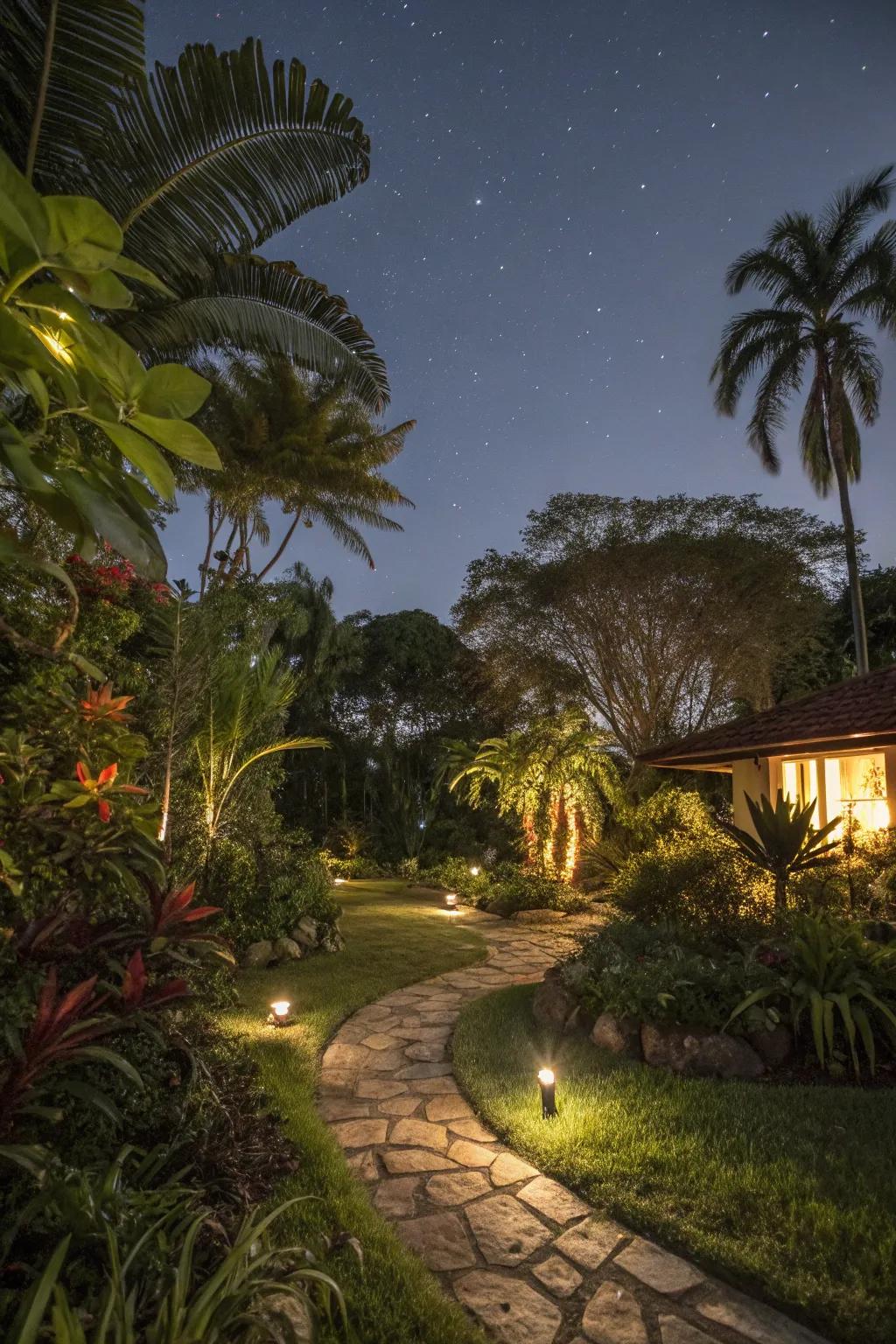 Outdoor lighting creates a magical nighttime atmosphere.