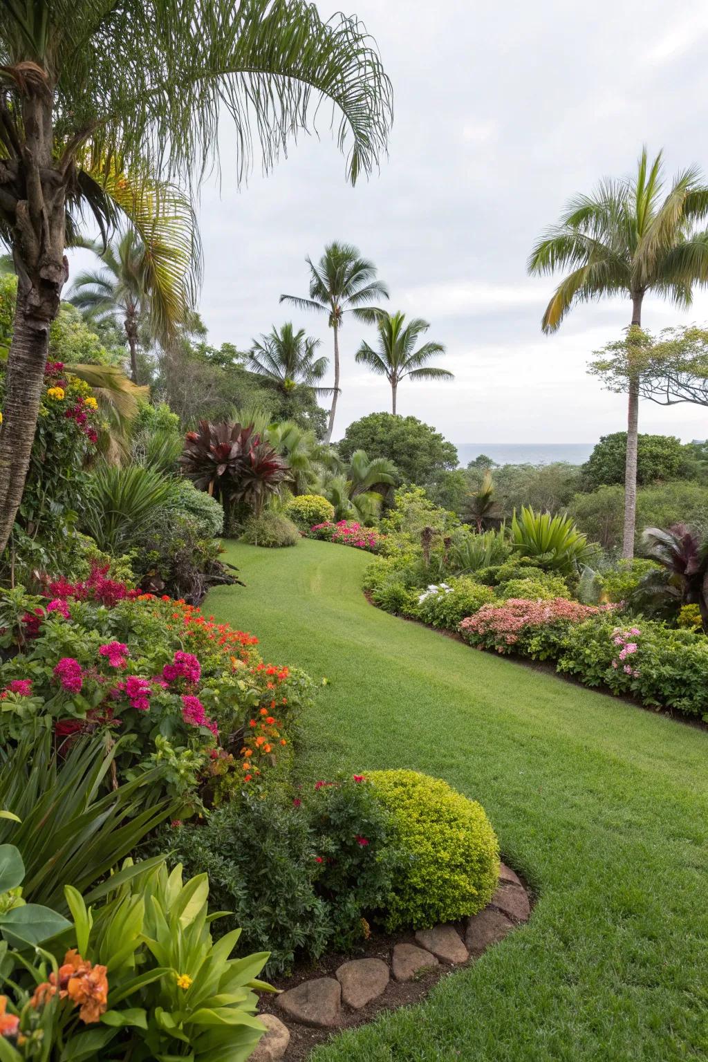 Lush green lawns enhance tropical landscapes.