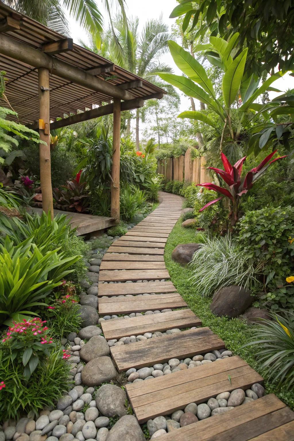 Natural materials create a harmonious, organic garden.