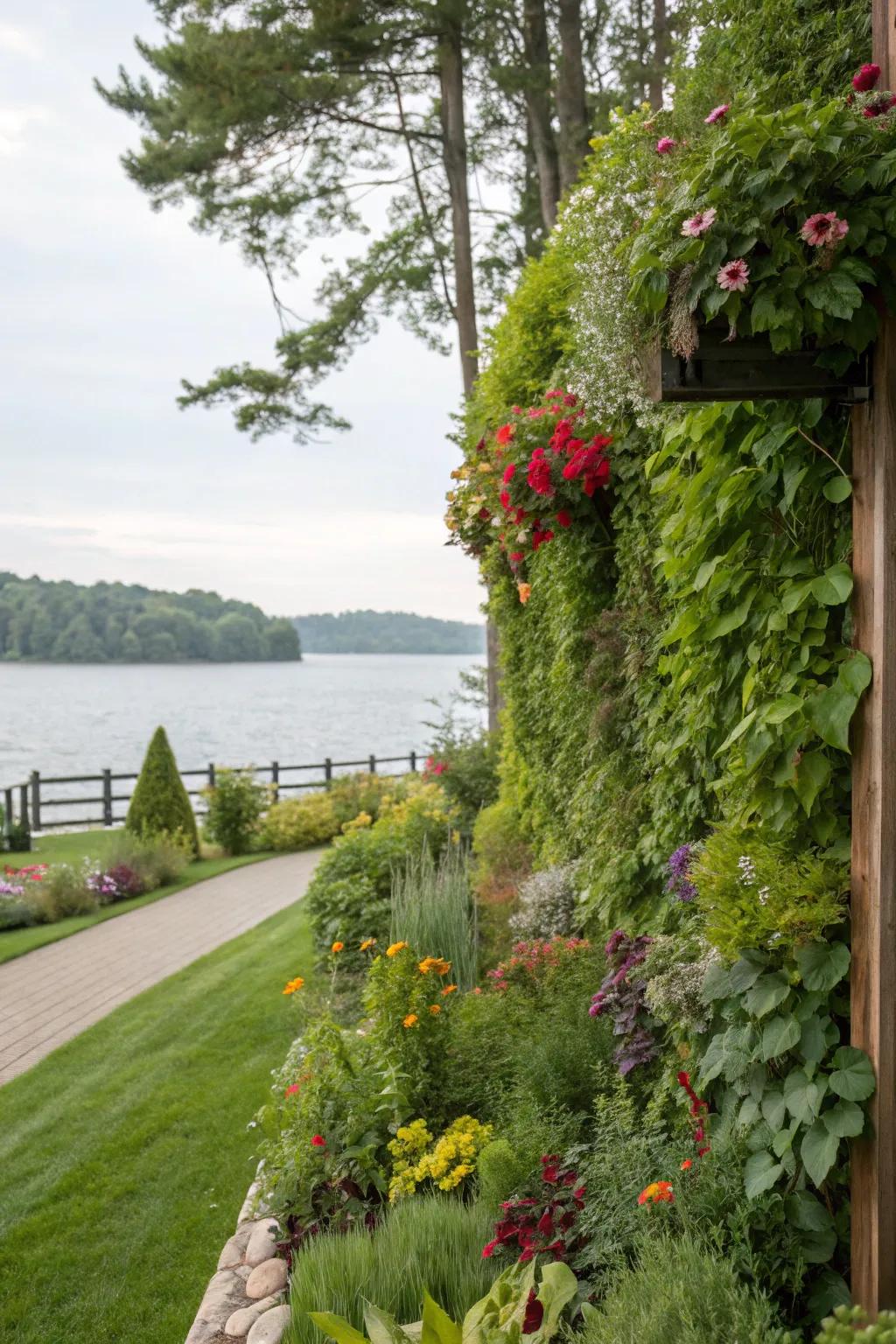 Vertical gardens maximize space while adding lush greenery to your lakeside setting.