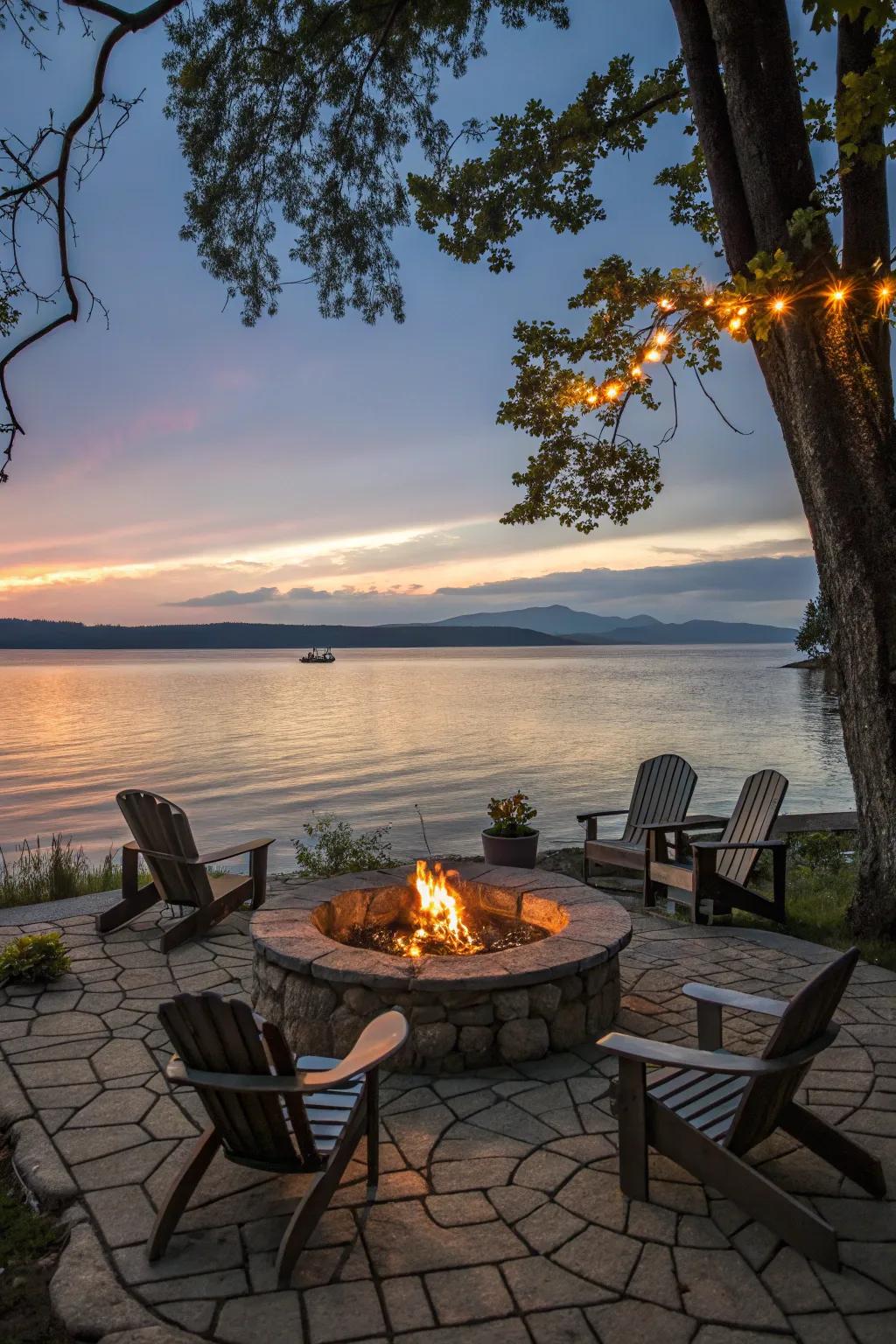 A fire pit area becomes the heart of lakeside gatherings and cozy evenings.