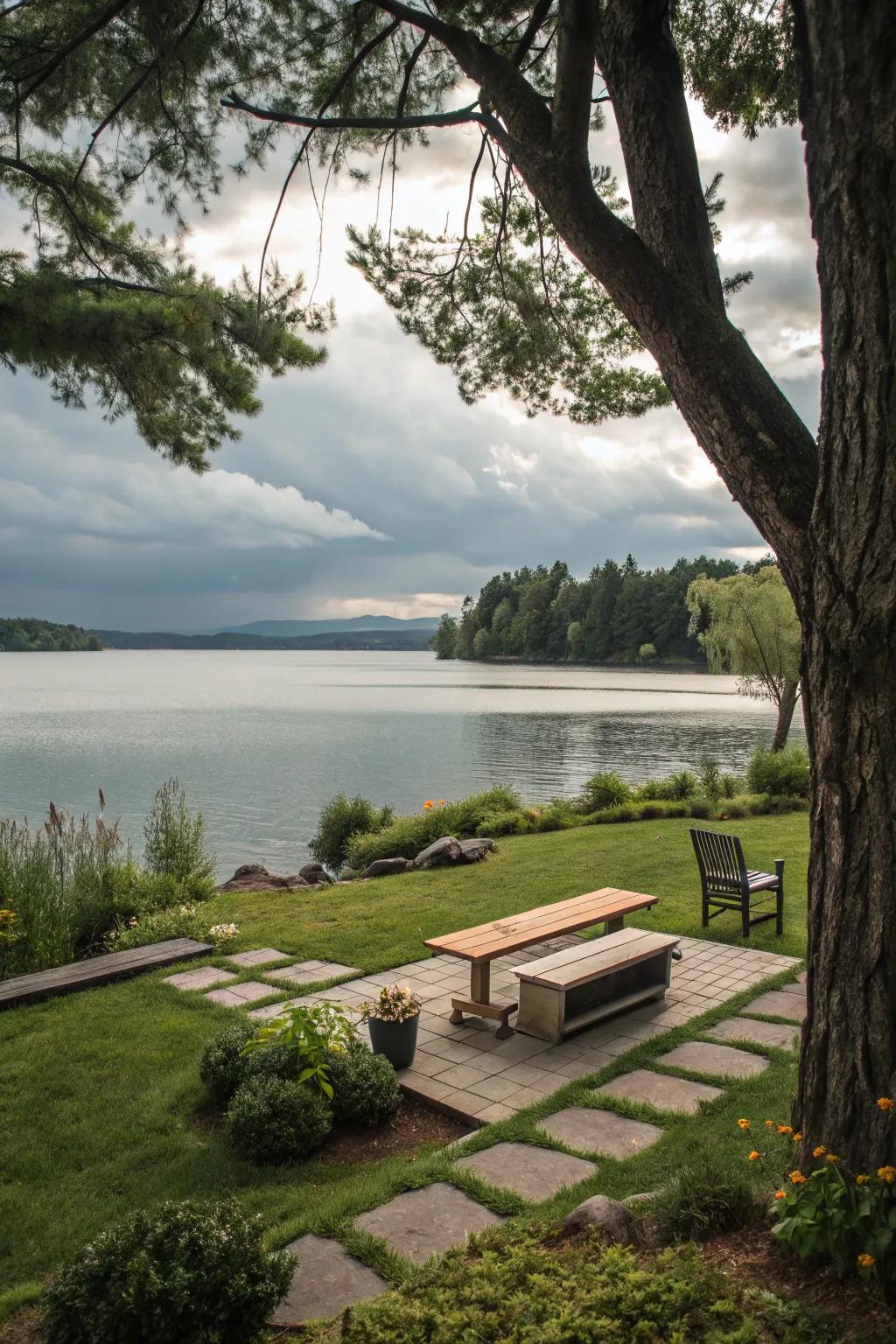 A meditation space invites you to pause and enjoy the tranquility of the lakeside.