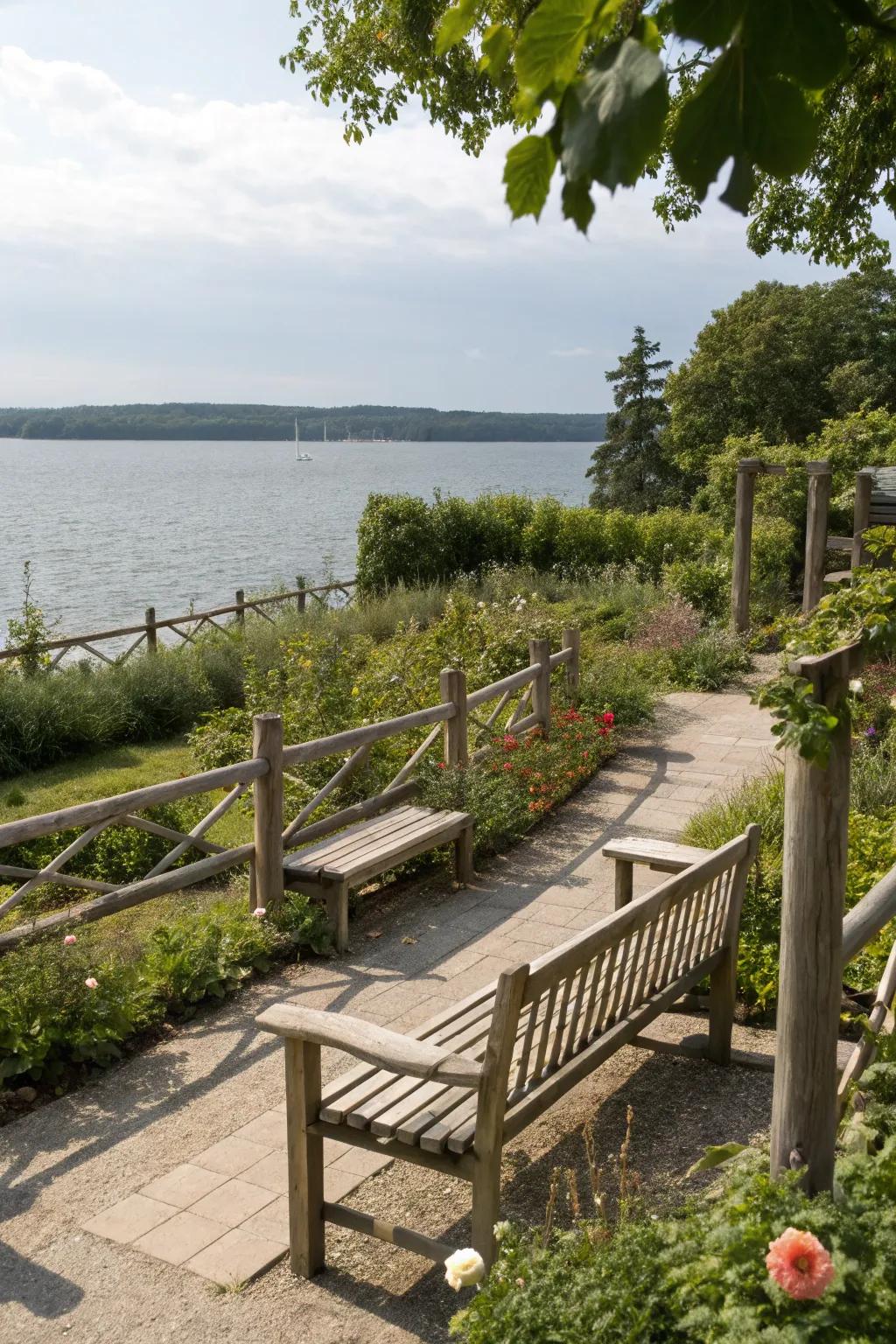 Natural wood elements add warmth and character to your lakeside landscape.