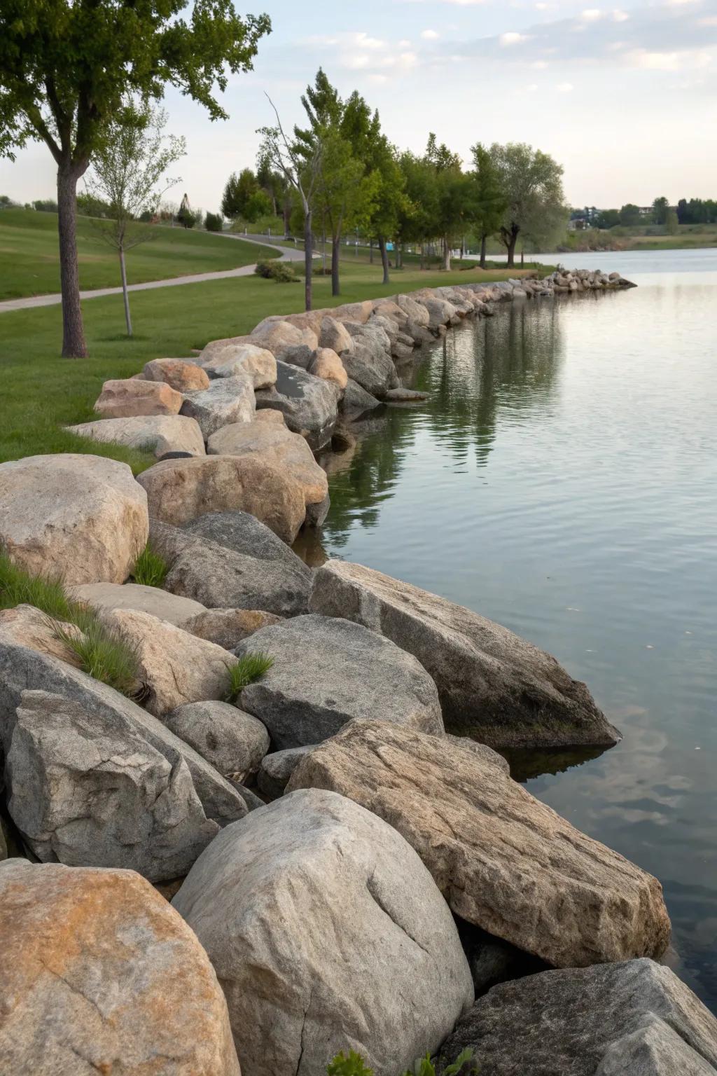 Boulders provide natural beauty and essential erosion control for lakeside landscapes.