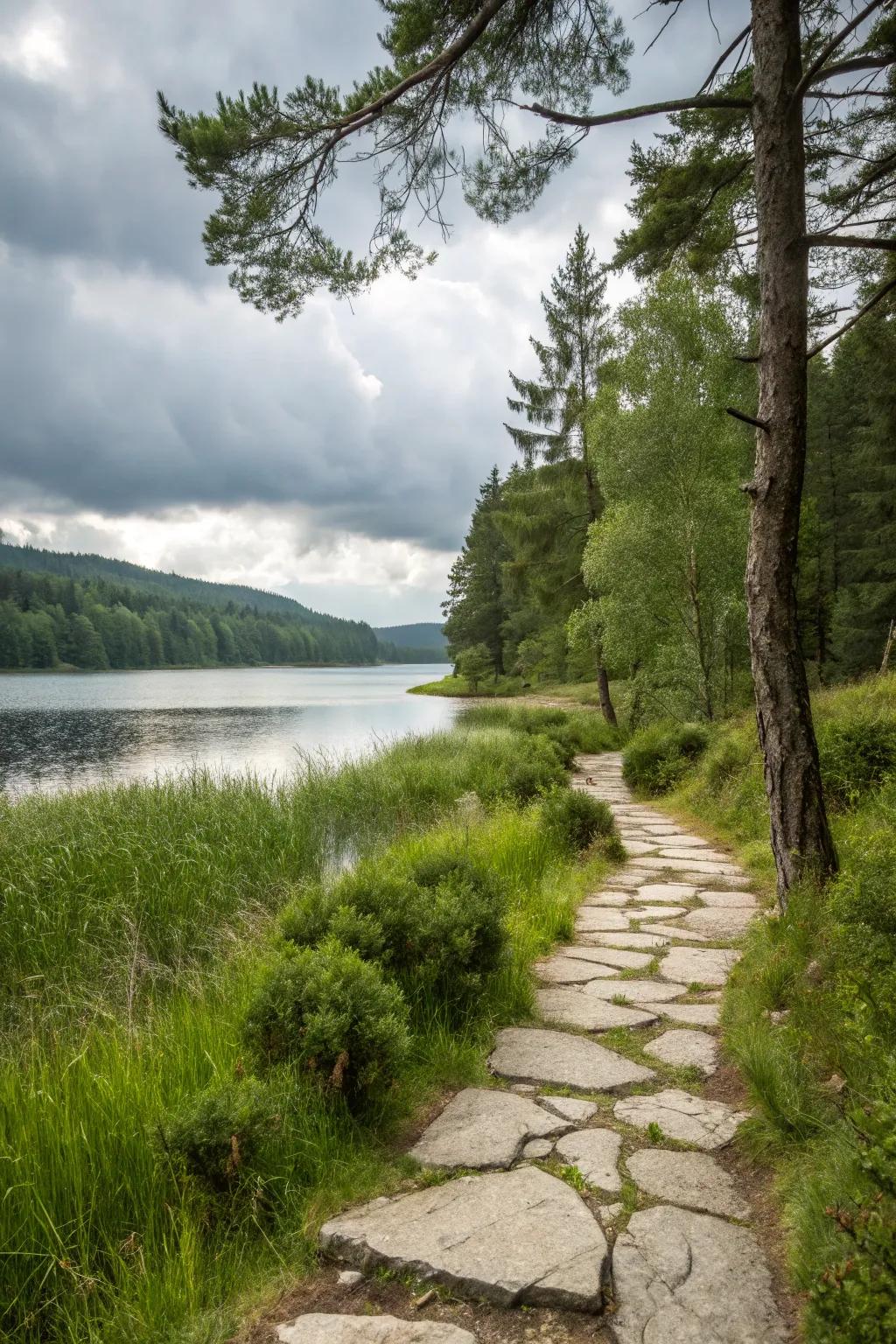 Stone pathways blend beauty and functionality, leading you gracefully to the water's edge.