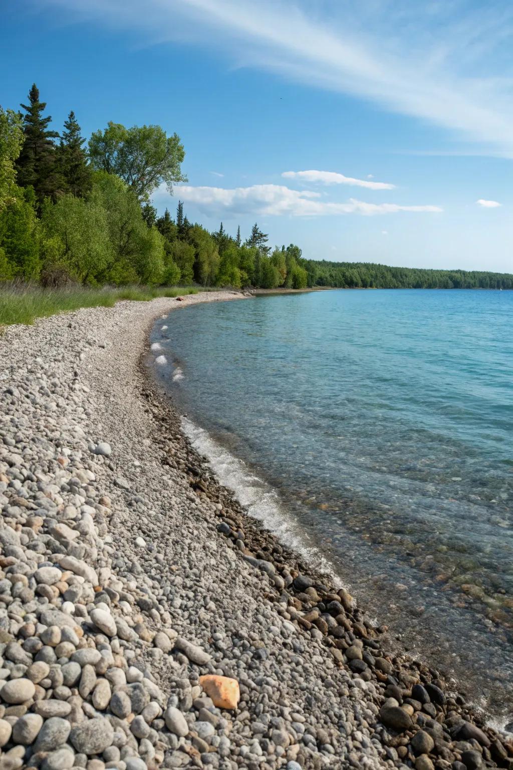 Pebble beaches offer a private shoreline feel and a perfect launch point for kayaks.