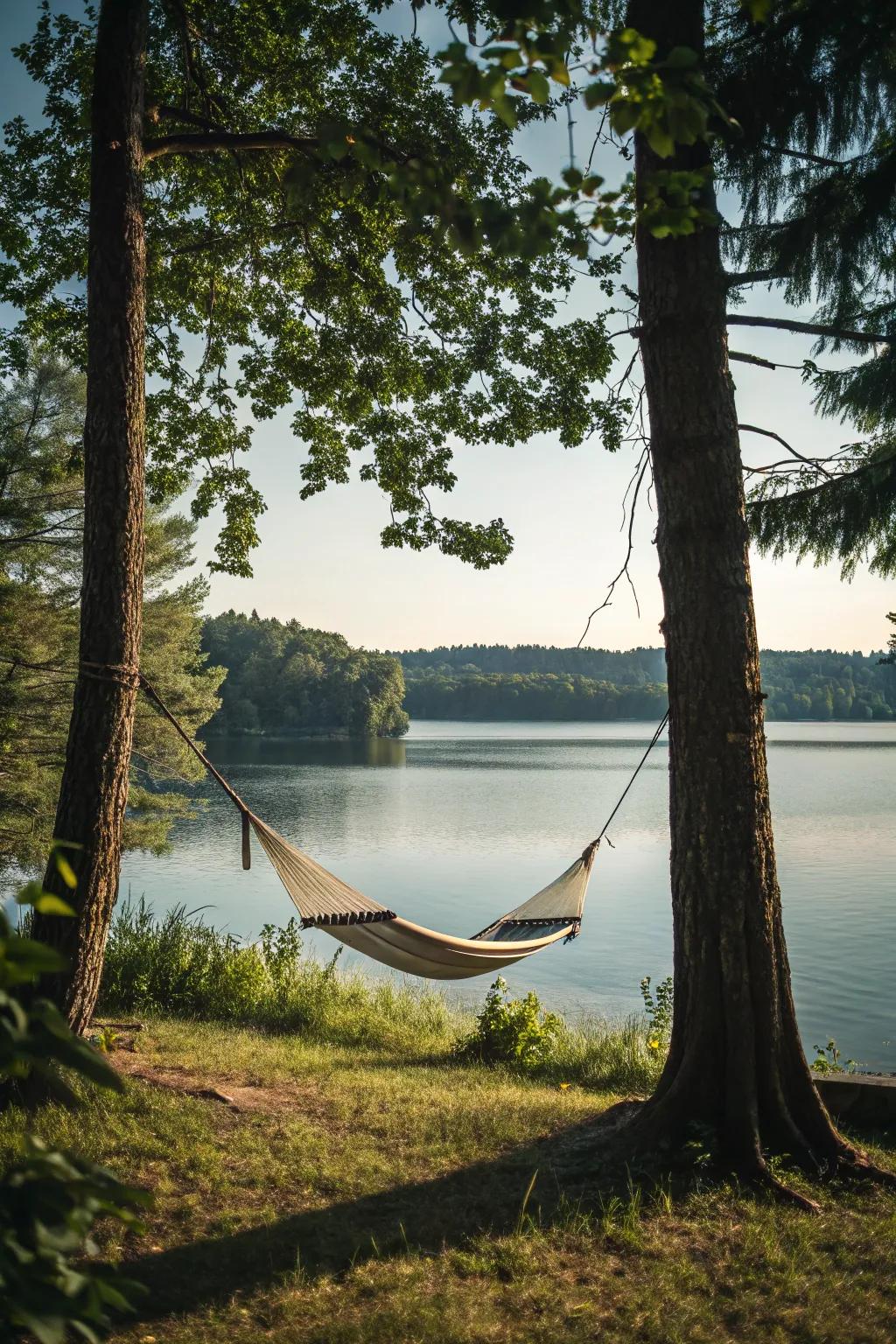 A hammock offers a peaceful retreat with a perfect view of the lakeside beauty.