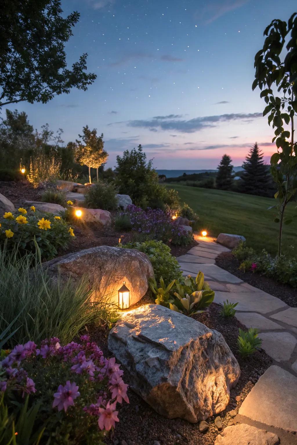 Lighting among rocks creates a magical nighttime garden atmosphere.