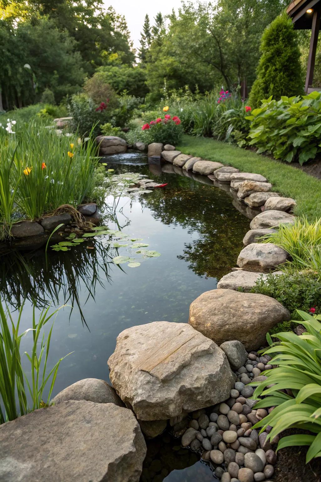 Rock edges enhance the beauty of garden ponds.