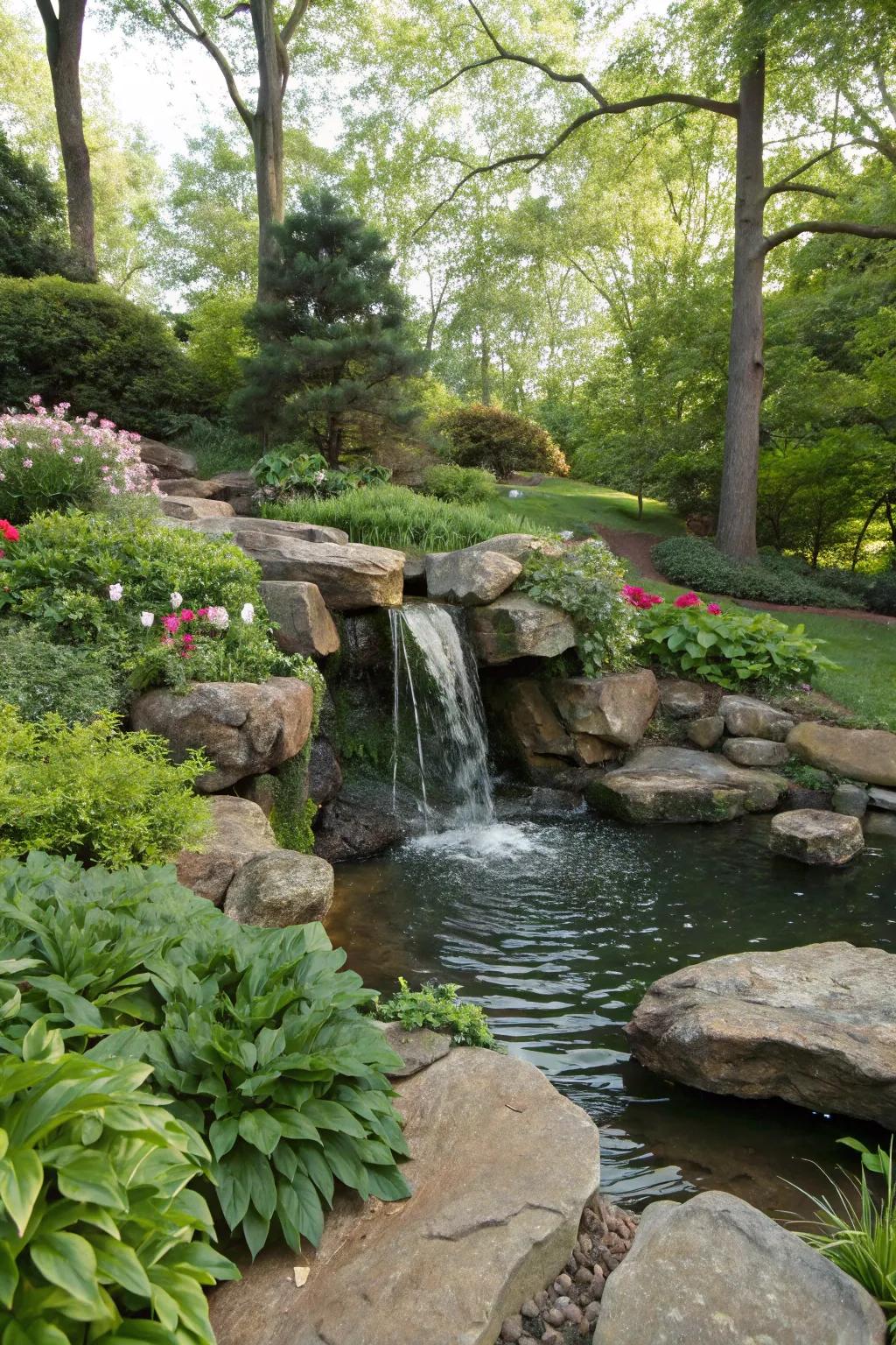 A rock waterfall adds a tranquil element to your outdoor space.
