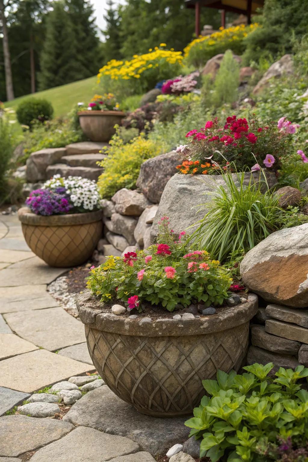 Planters among rocks add depth and color to your garden.