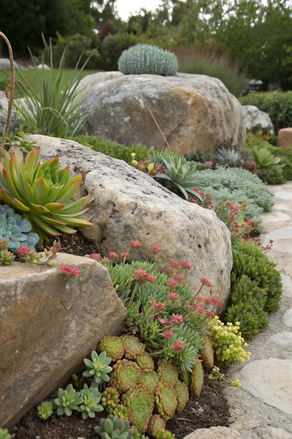 Rocks and succulents create a harmonious and vibrant garden display.