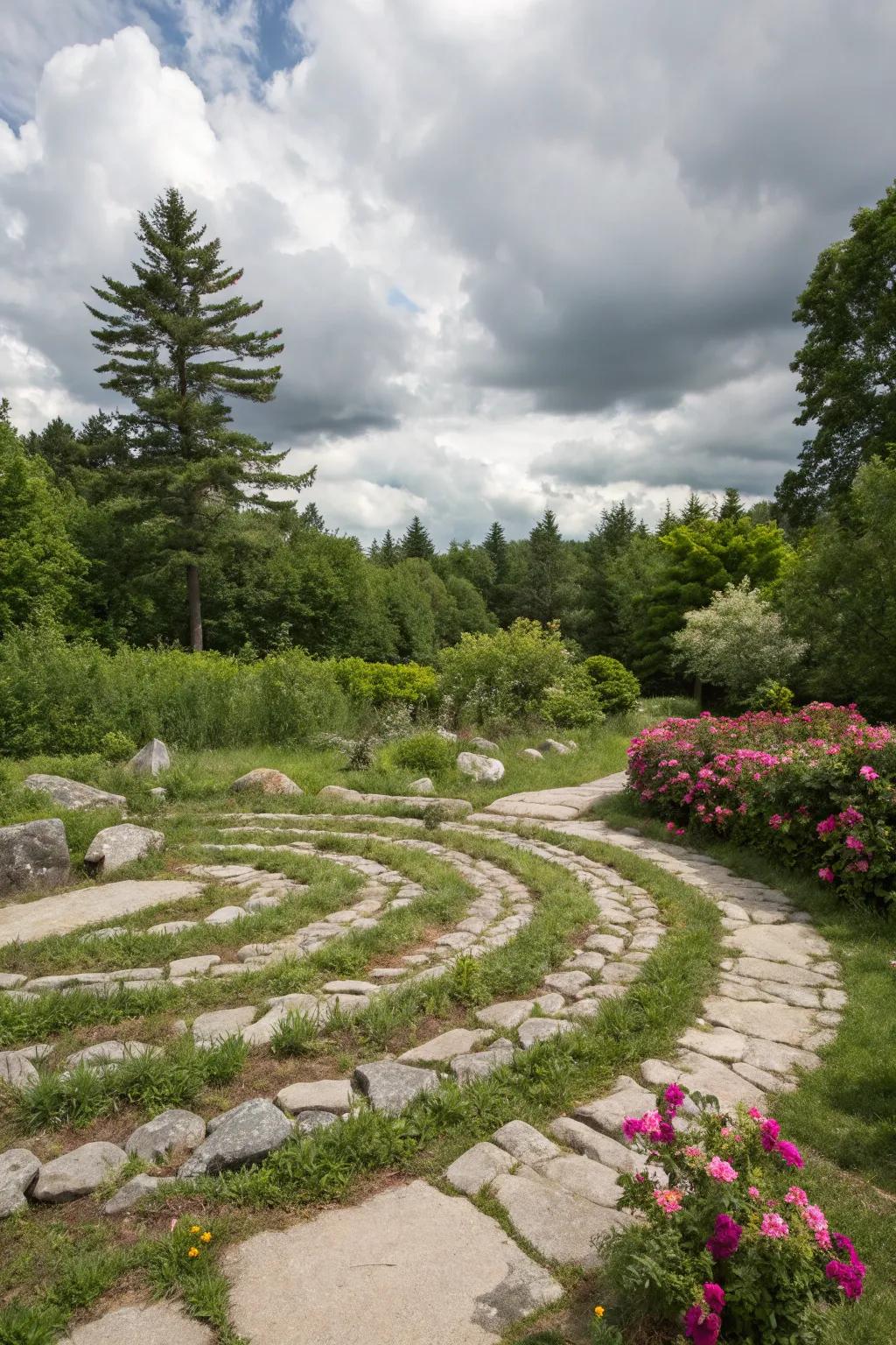 A rock labyrinth offers a peaceful space for meditation.