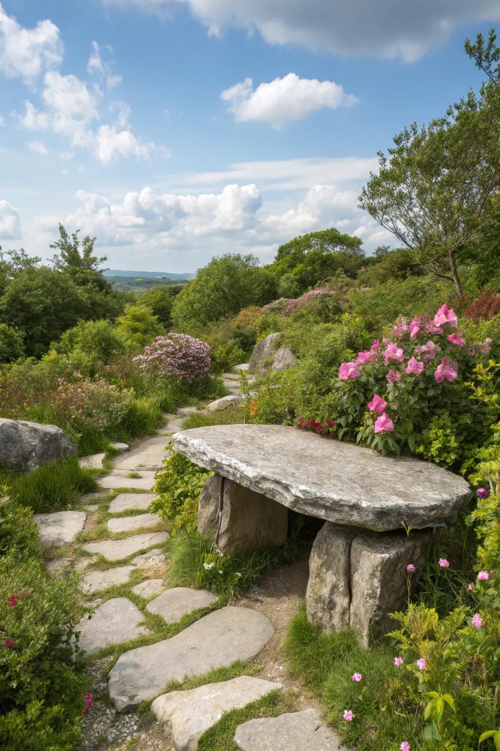 A rock bench offers a perfect spot to relax and enjoy the garden.