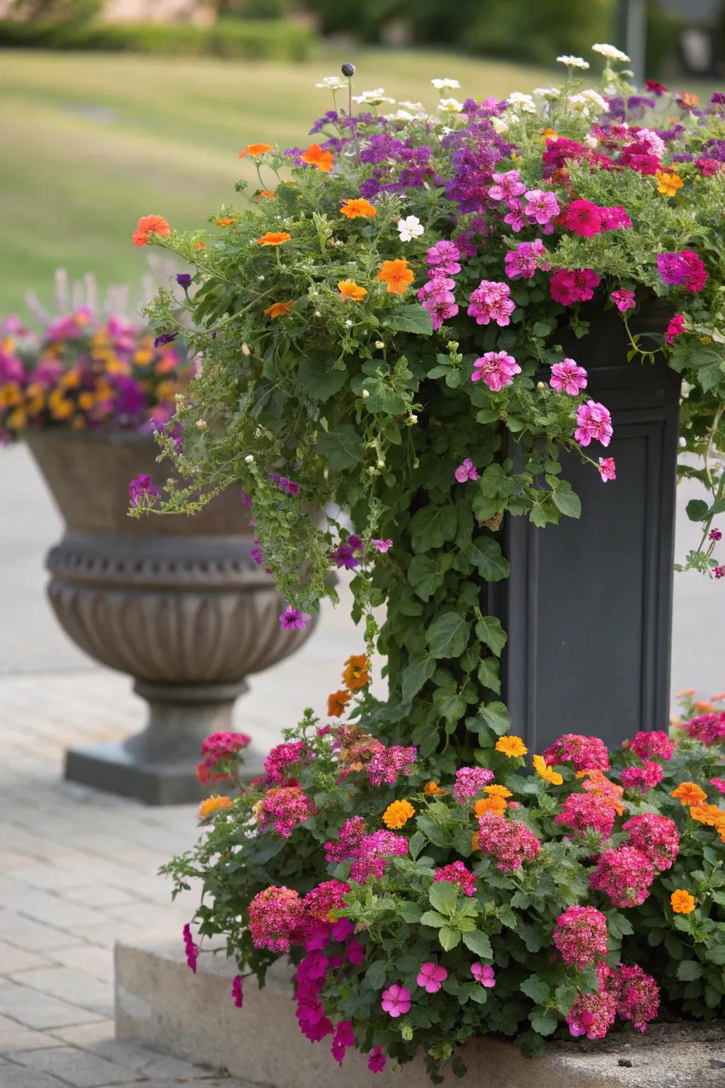Lantana and petunias create a lush container display.