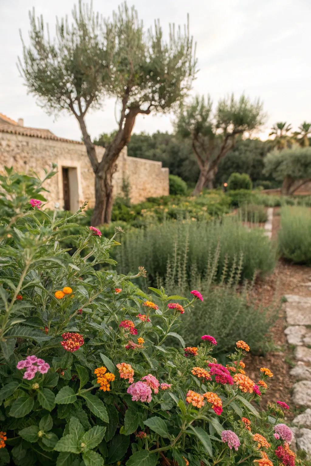 Lantana with rosemary and thyme for a Mediterranean touch.