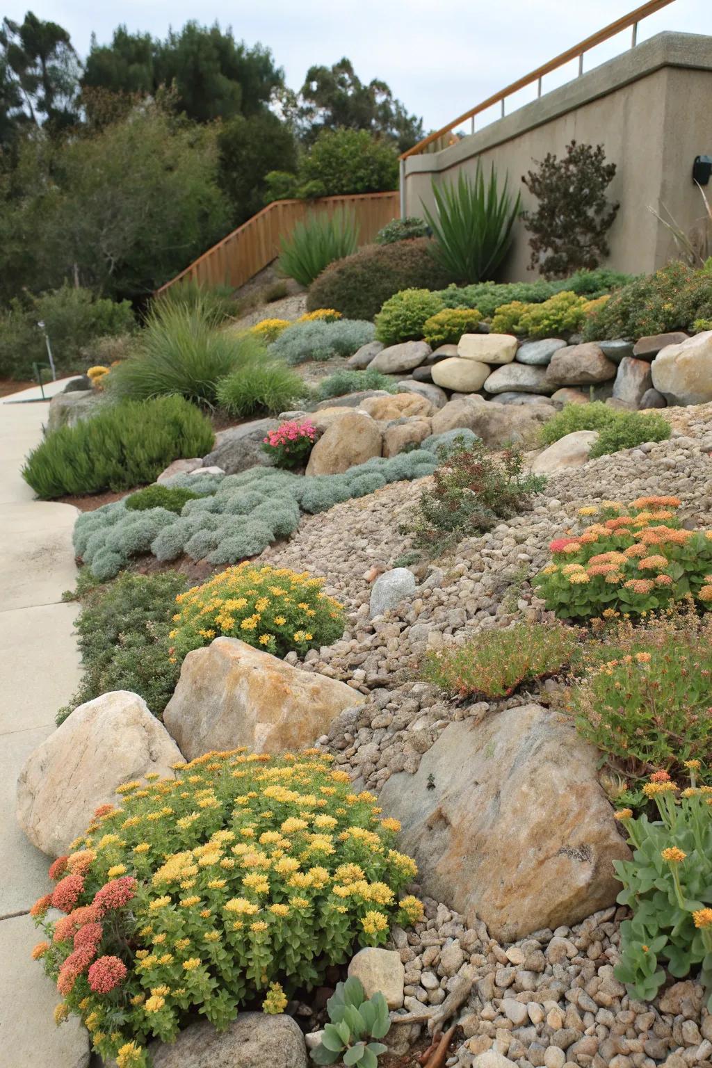 Lantana and sedum in a resilient rock garden.