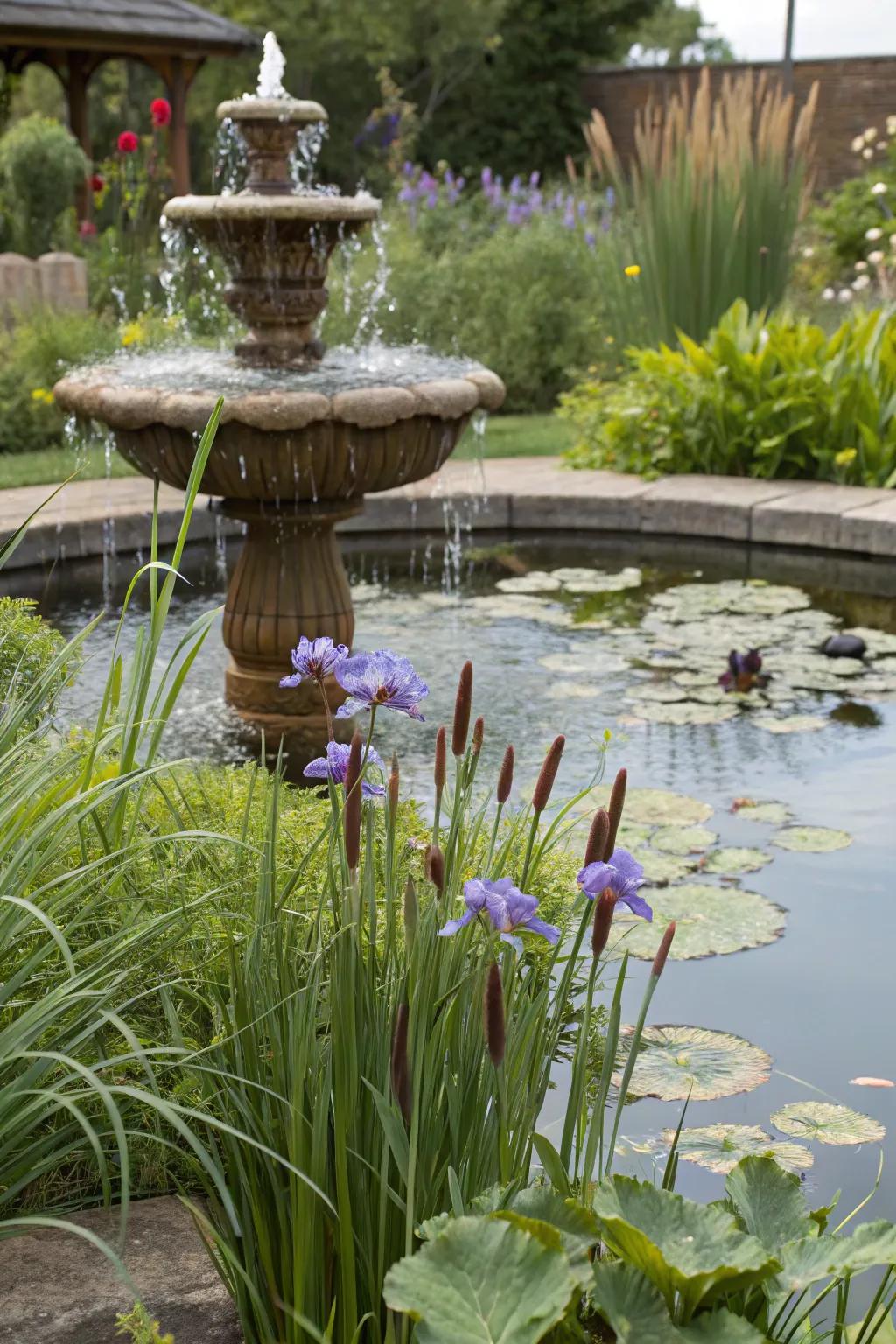 Water-loving plants harmonizing with a garden fountain.
