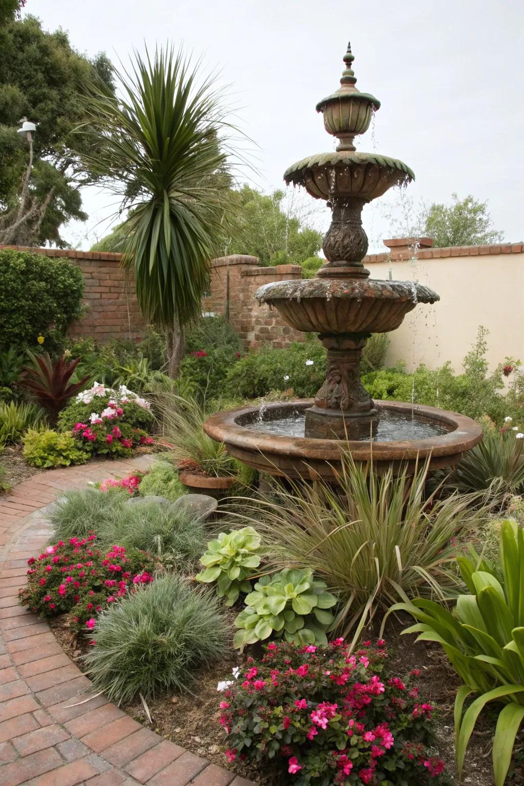 A mix of plant textures creating depth around a fountain.