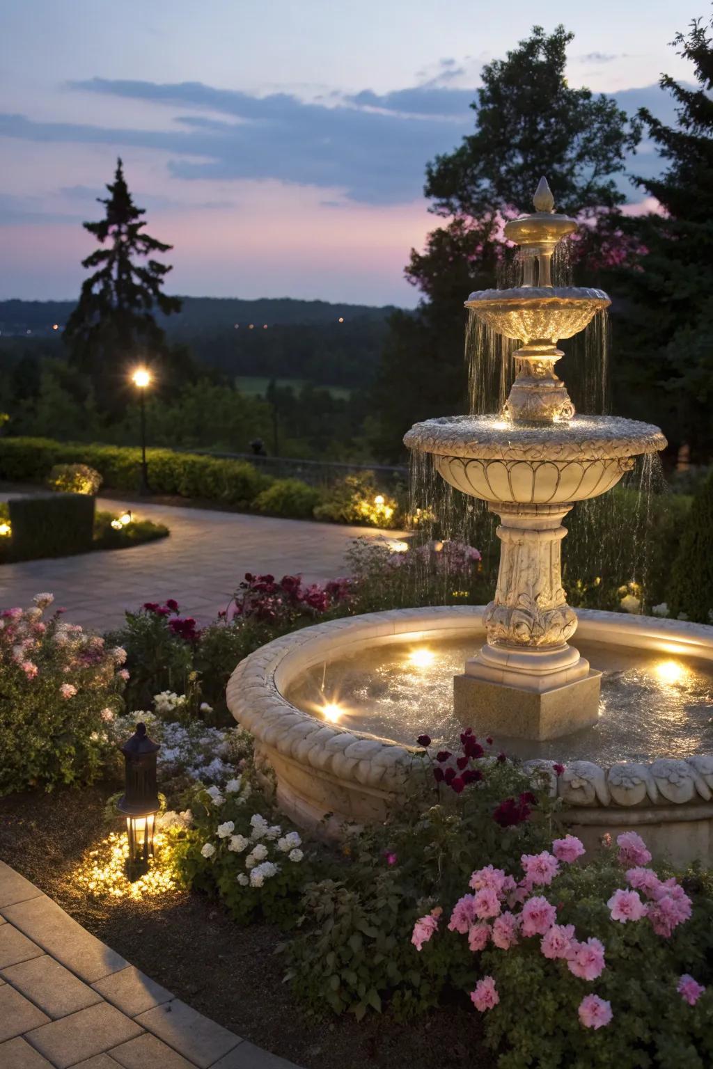 Subtle lighting highlights a garden fountain and flowers.