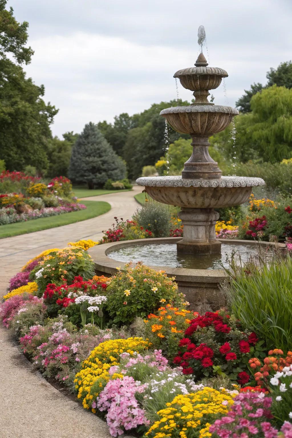 A garden fountain framed by a variety of seasonal blooms.