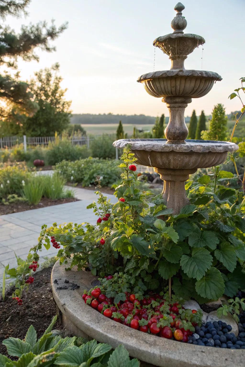 Edible plants creating a functional and beautiful garden fountain area.