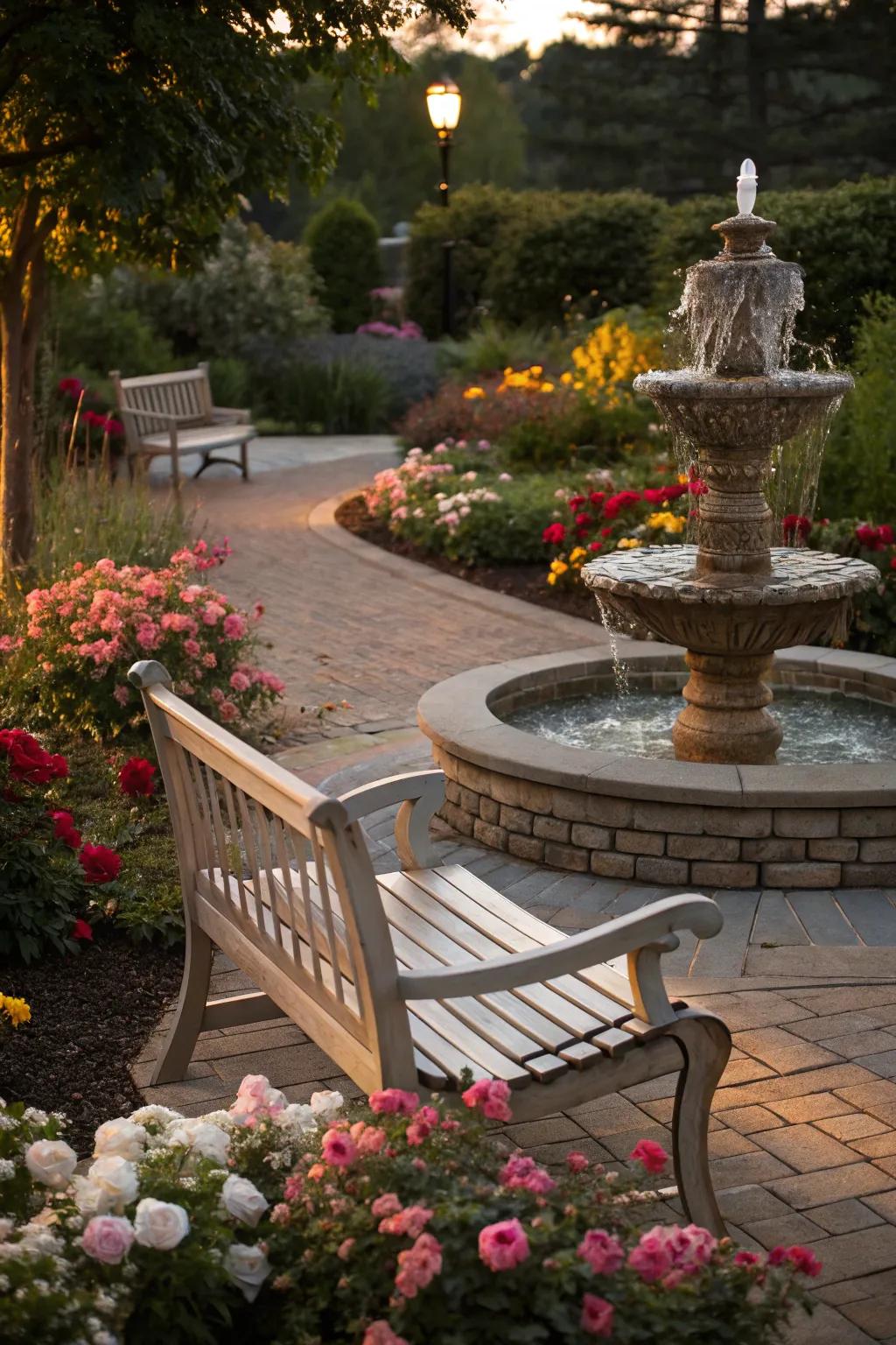 A cozy bench offering a peaceful view of a garden fountain.