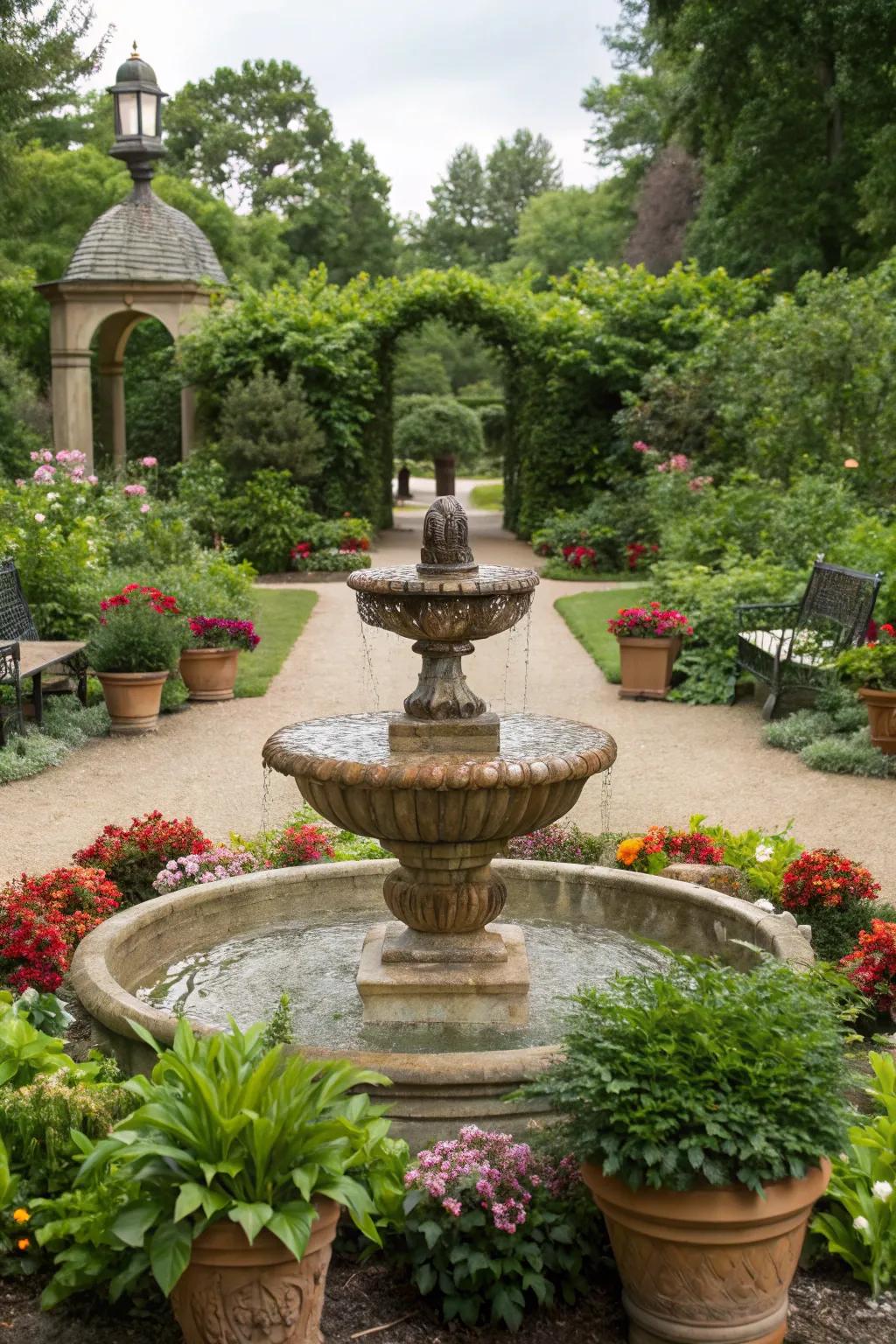 Potted plants adding height and fullness around a fountain.