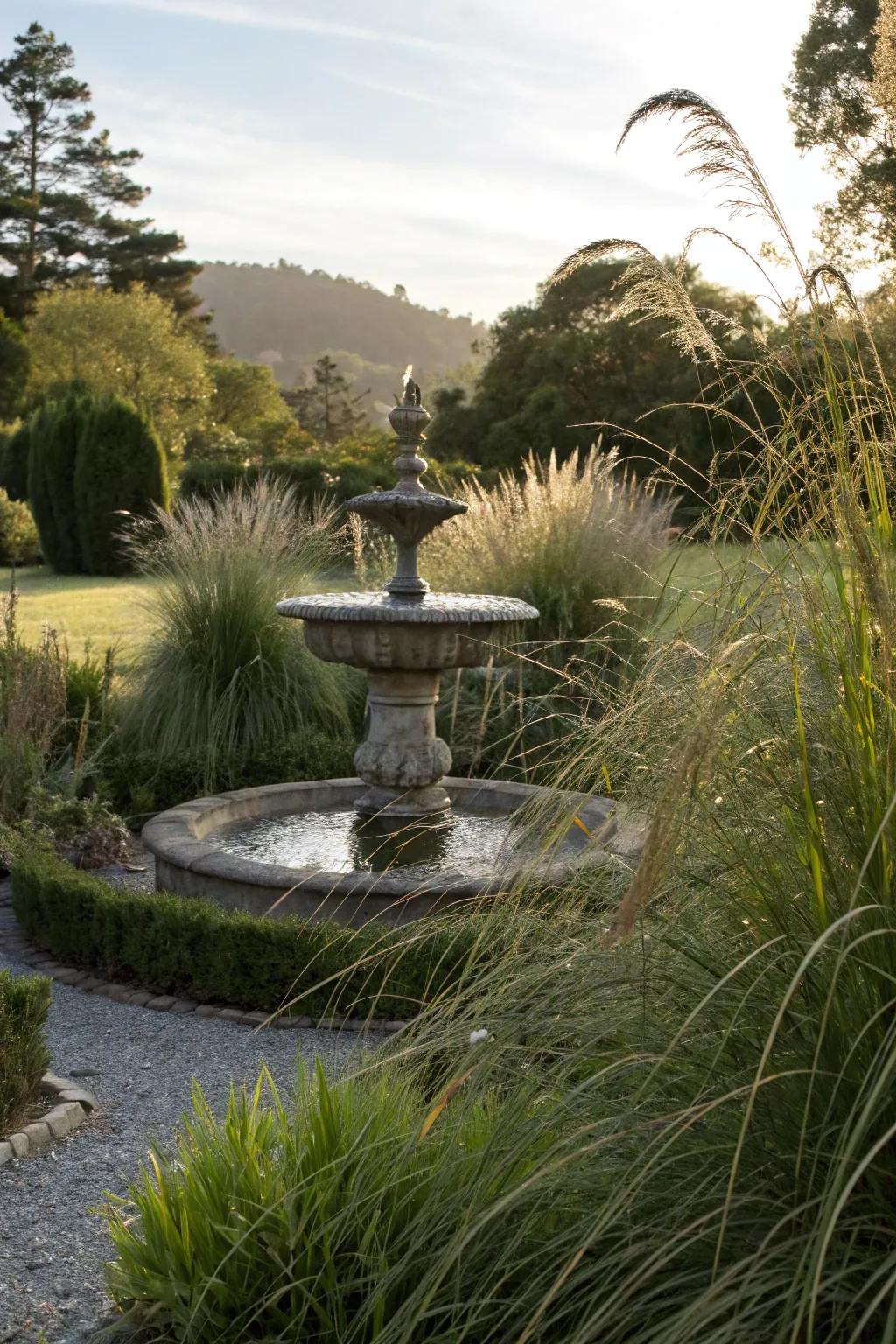 Tall grasses framing a garden fountain for a secluded atmosphere.