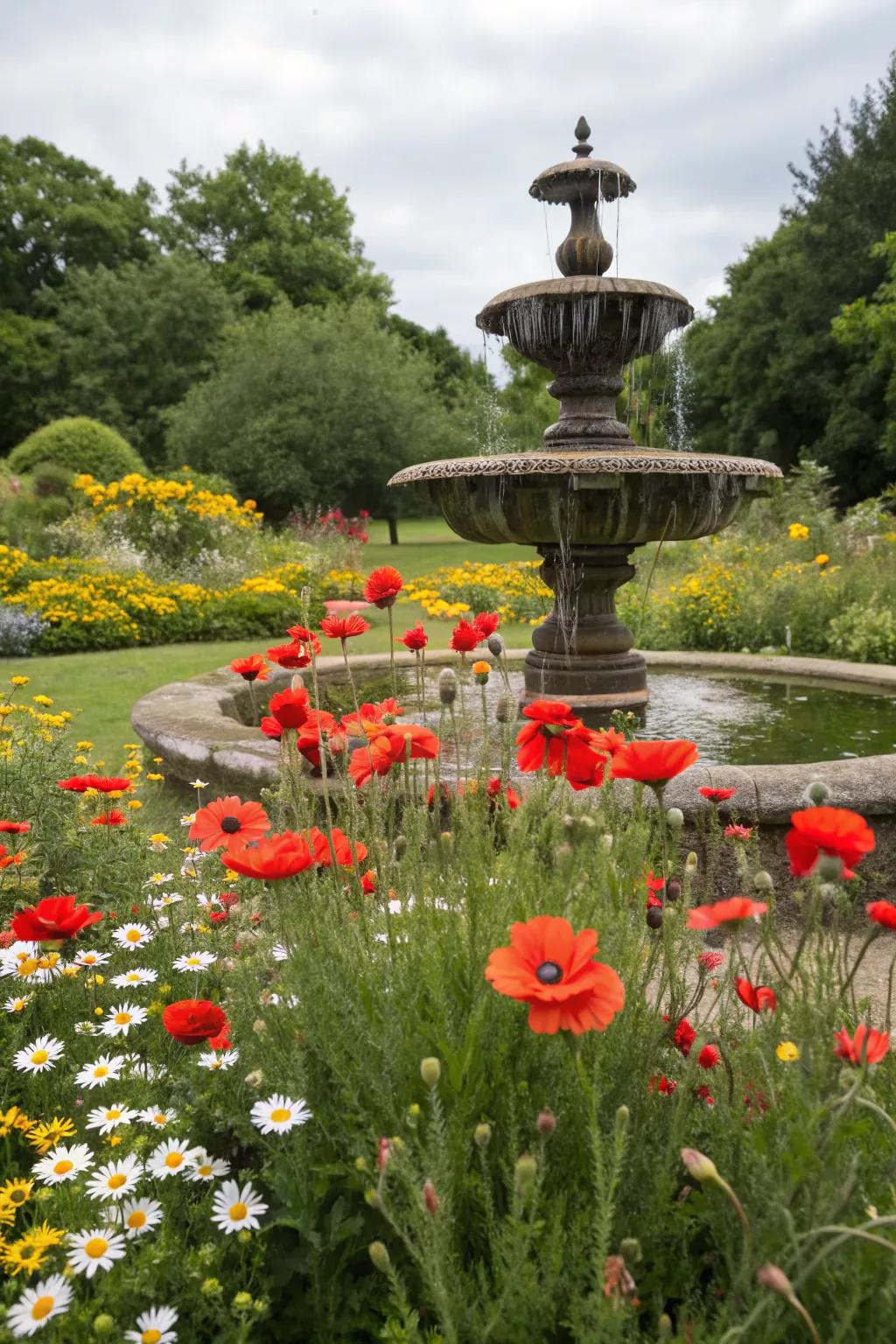 Bold flowers creating a striking contrast around a fountain.