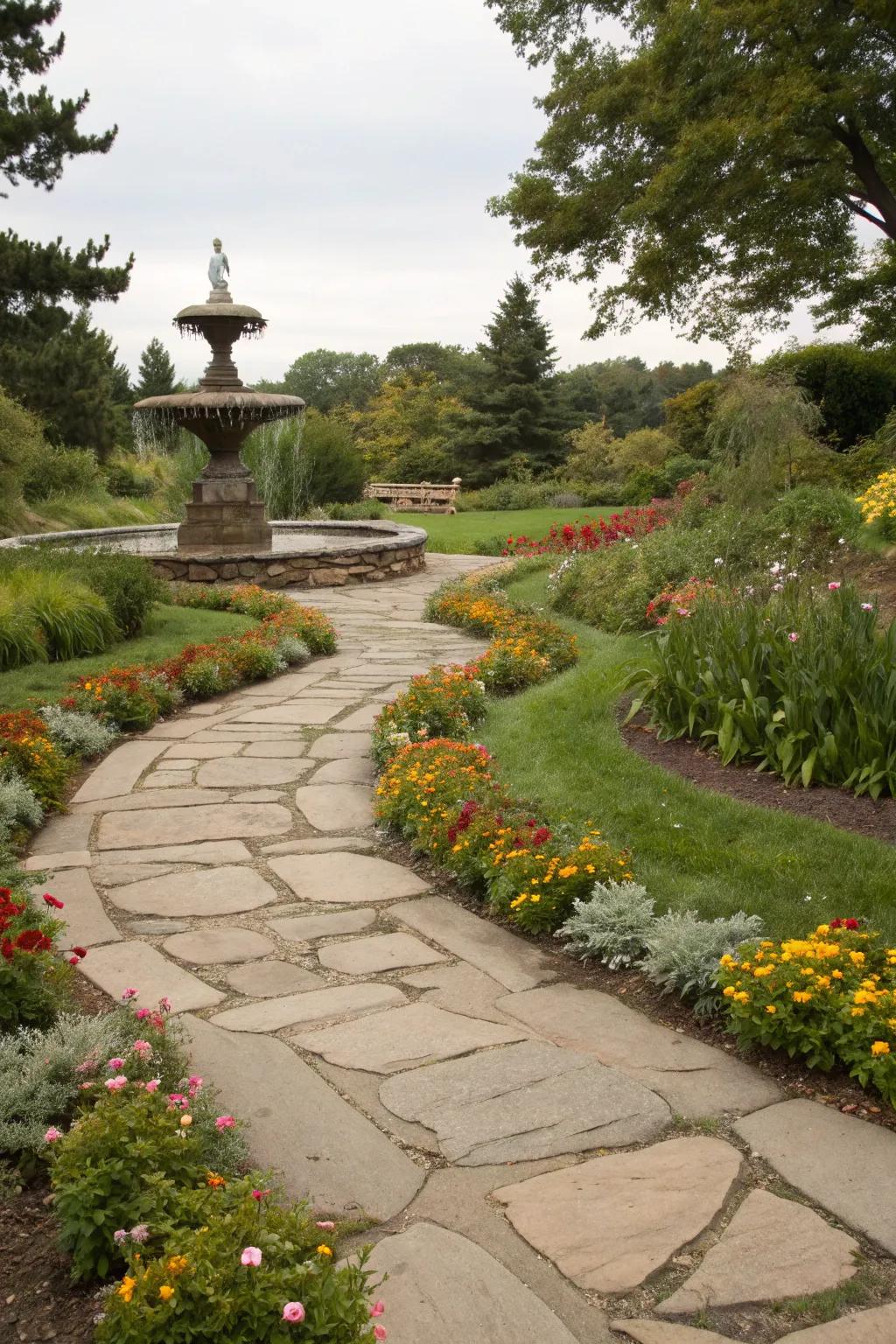 A natural stone path leading to a garden fountain.