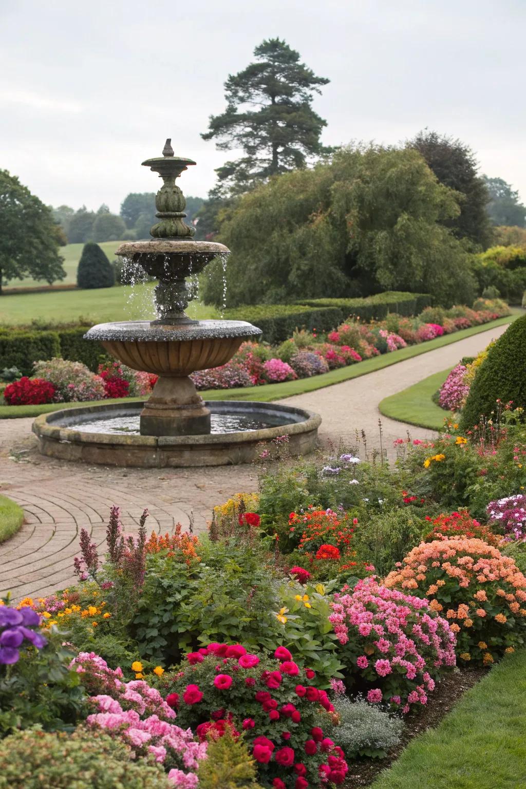 A color-coordinated floral display around a garden fountain.