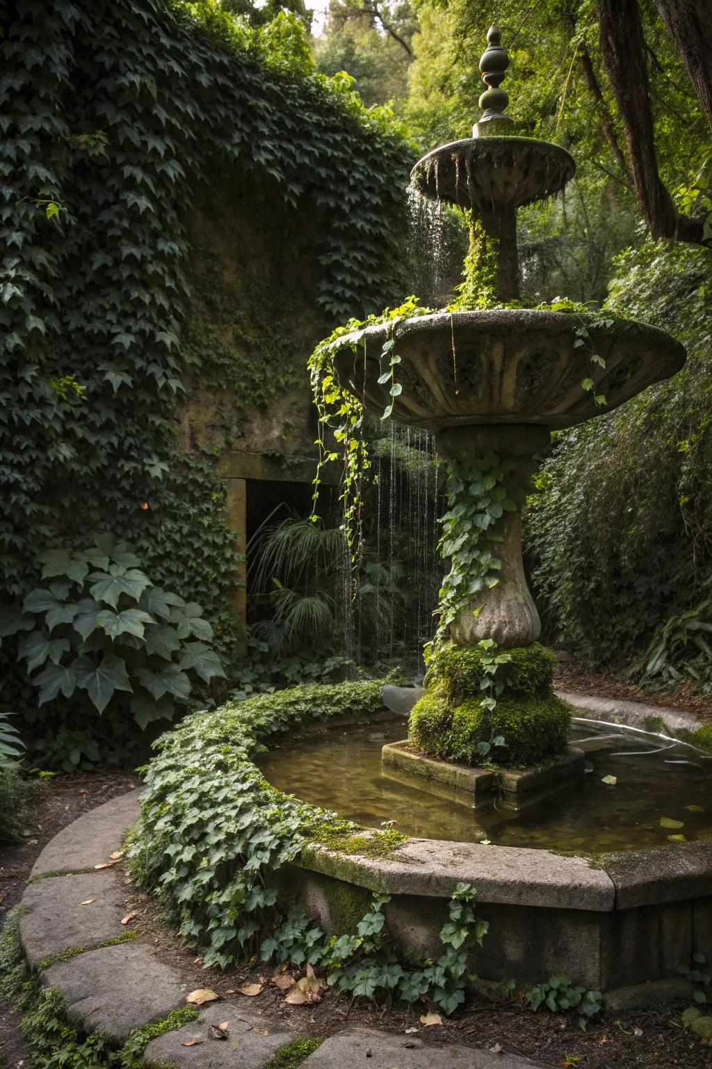 Ivy vines creating an enchanting look on a fountain.