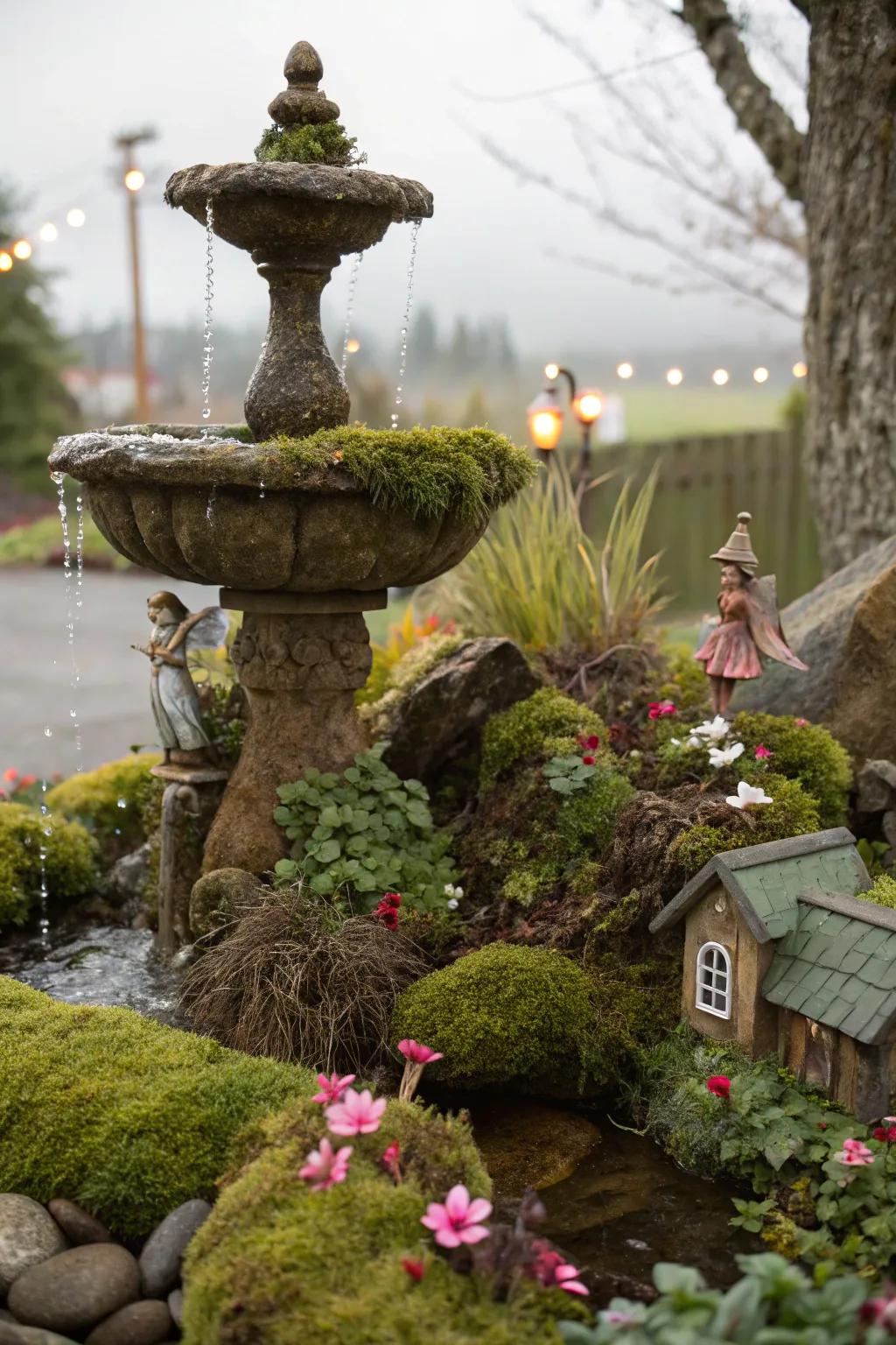 Whimsical elements creating a fairy tale scene around a fountain.