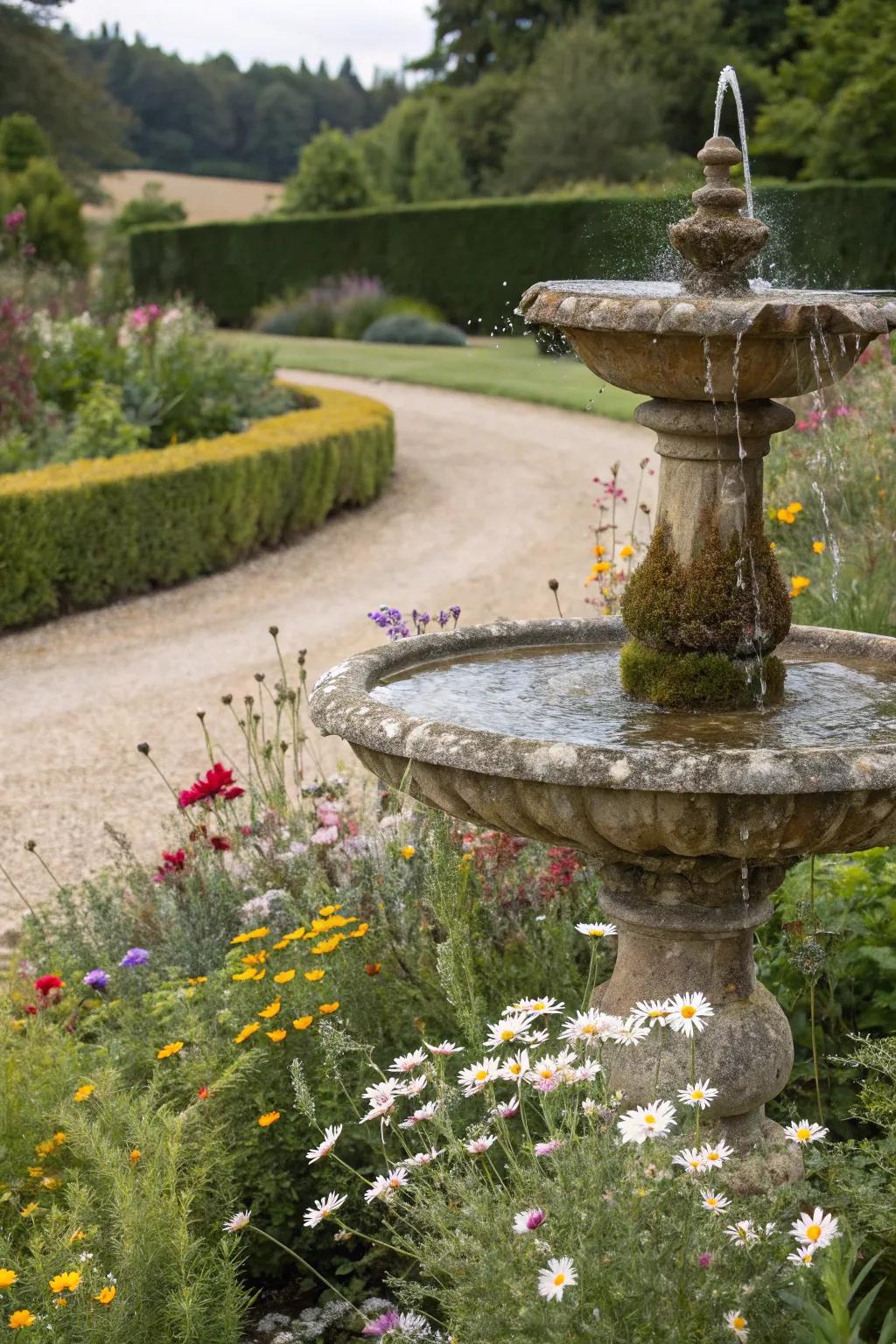 A rustic stone fountain encircled by wildflowers.