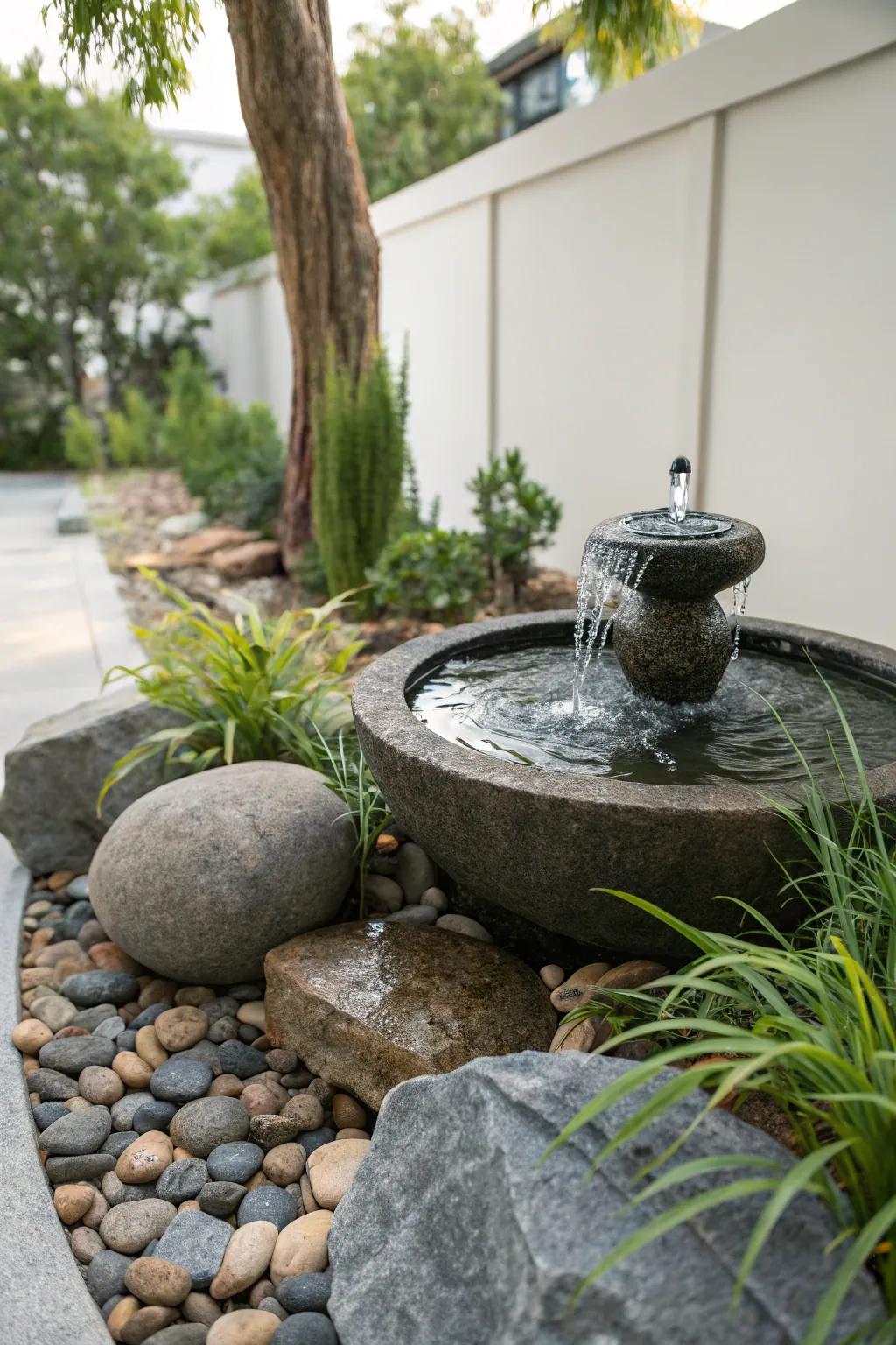 A minimalist Zen garden fountain with rocks and greenery.